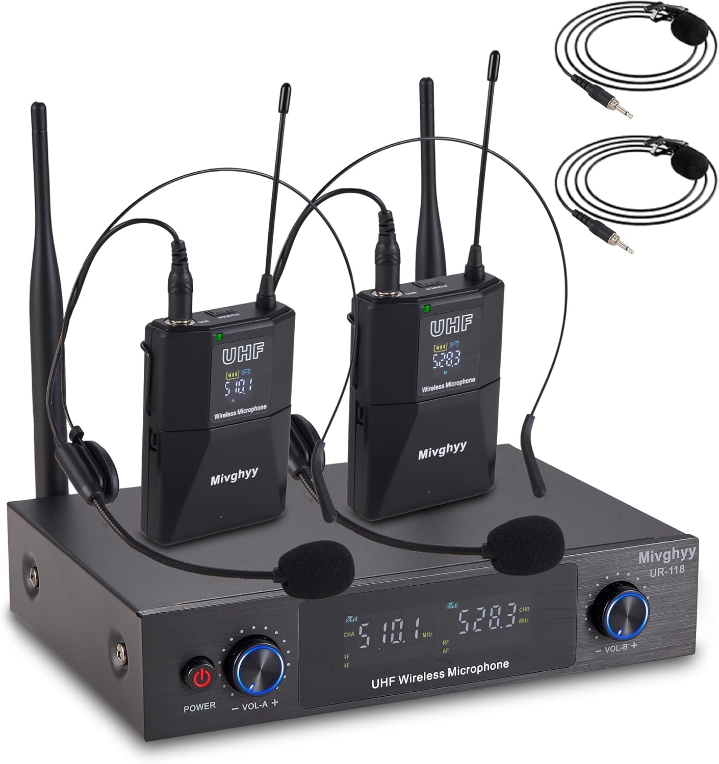 Wireless Microphones System with UHF Headset/Lavalier Lapel Mics, Bodypack Transmitter, 2 x 50 Channels, 164ft Range for Church Conference Performance Singing Karaoke PA Speaker Mixer