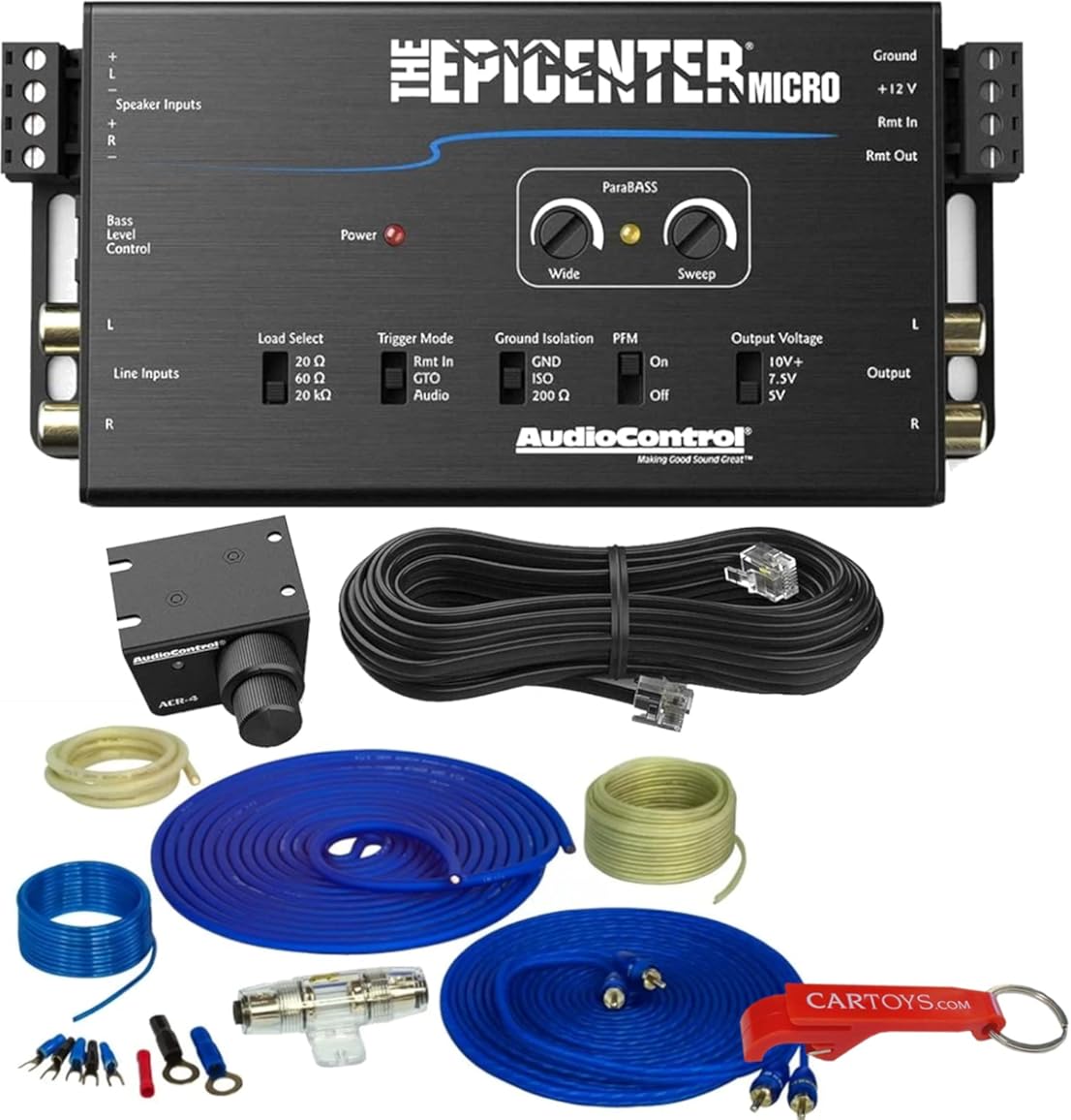 AudioControl Epicenter Micro Bass Restoration Processor & Full Copper Amp Kit Bundle. 2-Channel Amplifier with 600W Output Power and 12V Maximum Supply Voltage. ACR-4 Knob Included.