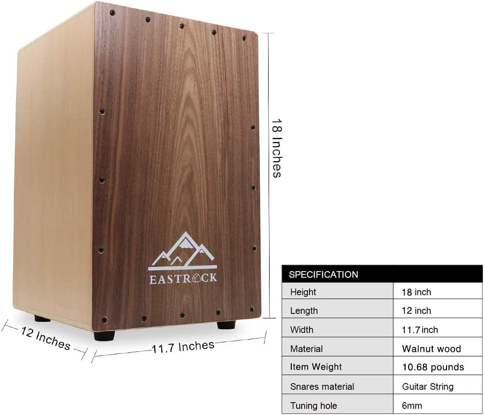 EASTROCK Walnut Wood Cajon Drum Box (12×11.7×18 in) with Internal Guitar Strings – Full-Size Wooden Percussion for Beginners & Professionals with Bag