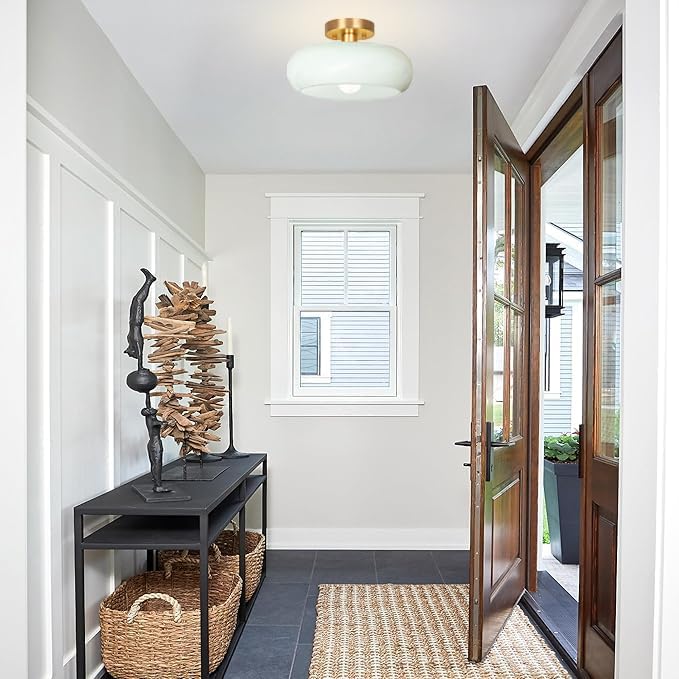 Semi Flush Mount Ceiling Light,11inch Mid Century Modern Light Fixture,Hallway Lighting Fixture with Milk Green Glass Shade,Vintage Ceiling Lamp for Kitchen,Porch,Entryway,Closet