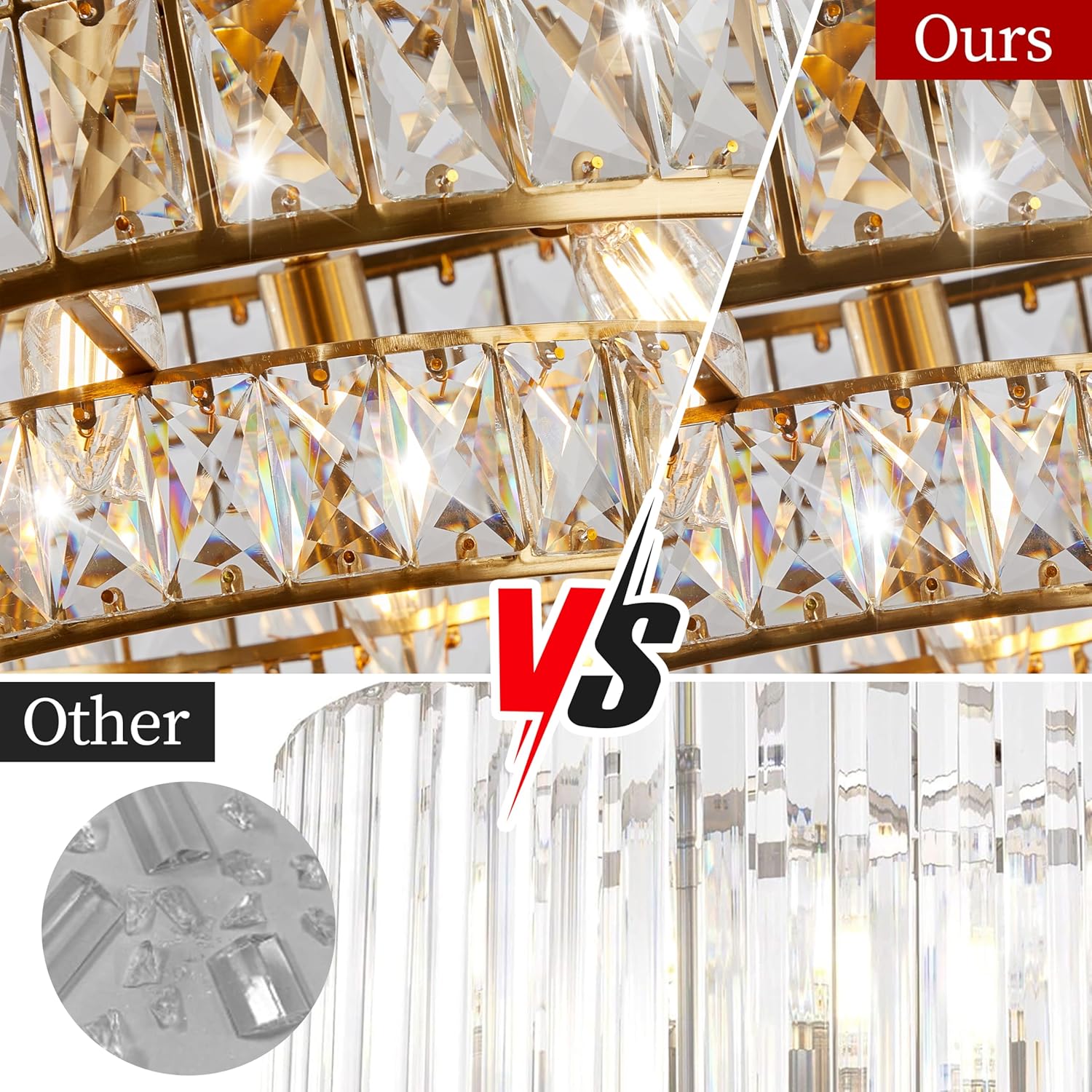 20 Inch Contemporary Luxury Crystal Chandelier, 6-Light Gold Semi-Flush Mount Ceiling Fixture, Round Crystal Pendant Design Perfect for Living Room, Dining Room, Kitchen, Foyer & Bedroom