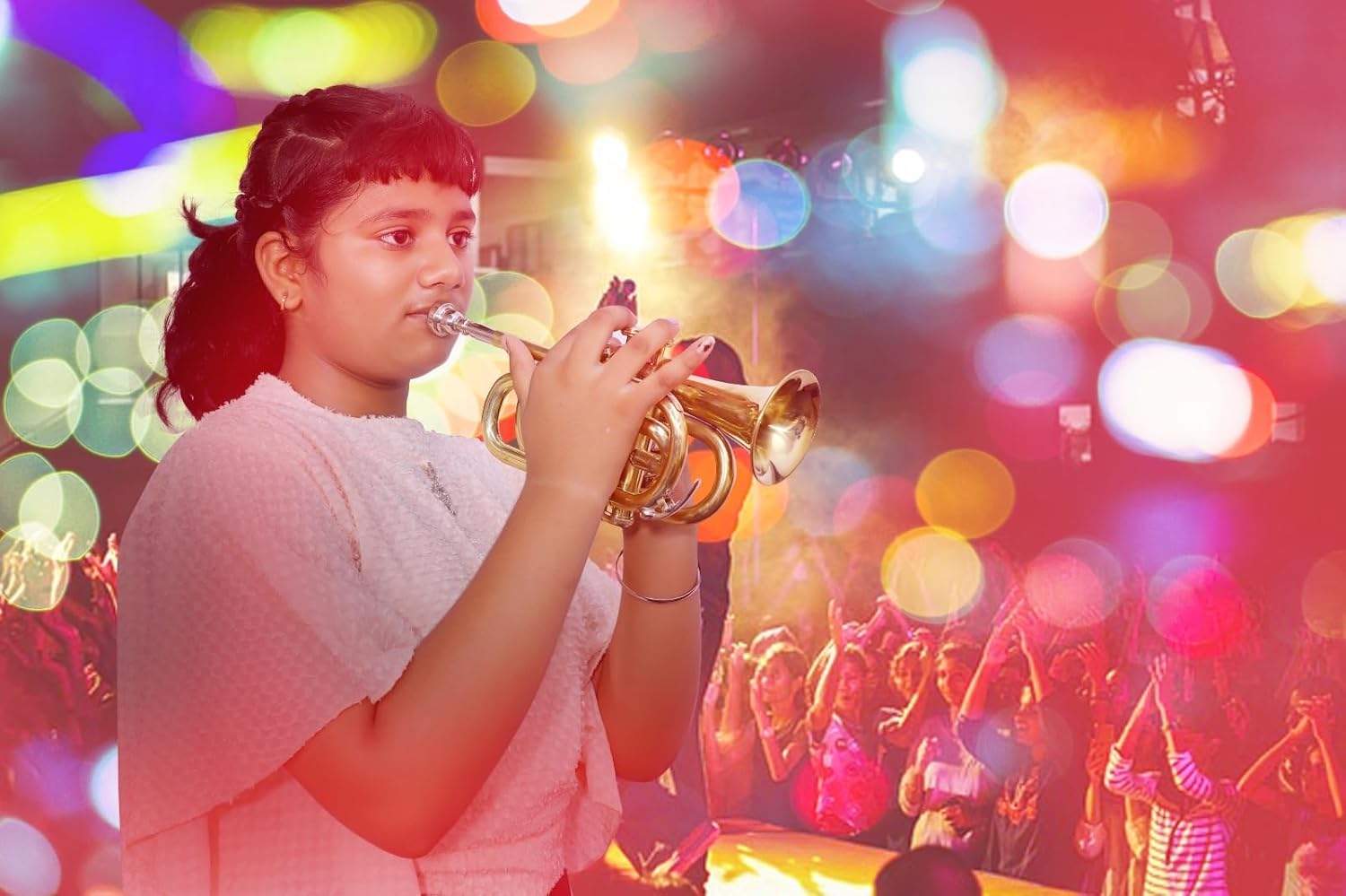 Queen Brass B-Flat Pocket Trumpet for Students and Beginners Gold Finish with 7C Mouthpiece Carrying Case Compact Brass Instrument for Practice and Travel