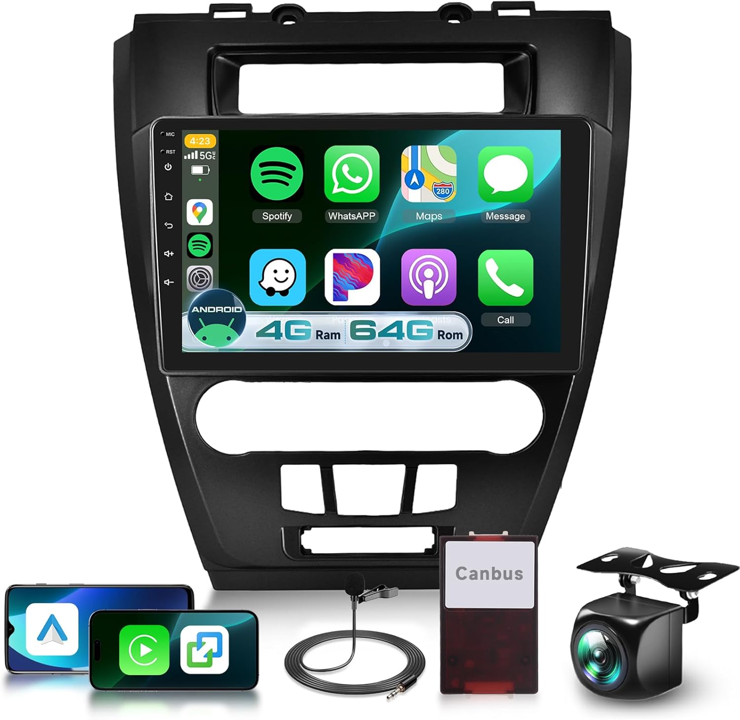 4G+64G Car Stereo Radio for Ford Fusion Mondeo Mustang 2009-2012 with DSP Wireless Carplay Android Auto 10 inch 1280P Touch Screen Bluetooth 5.0 Android 13 FM/RDS GPS WiFi Backup Camera