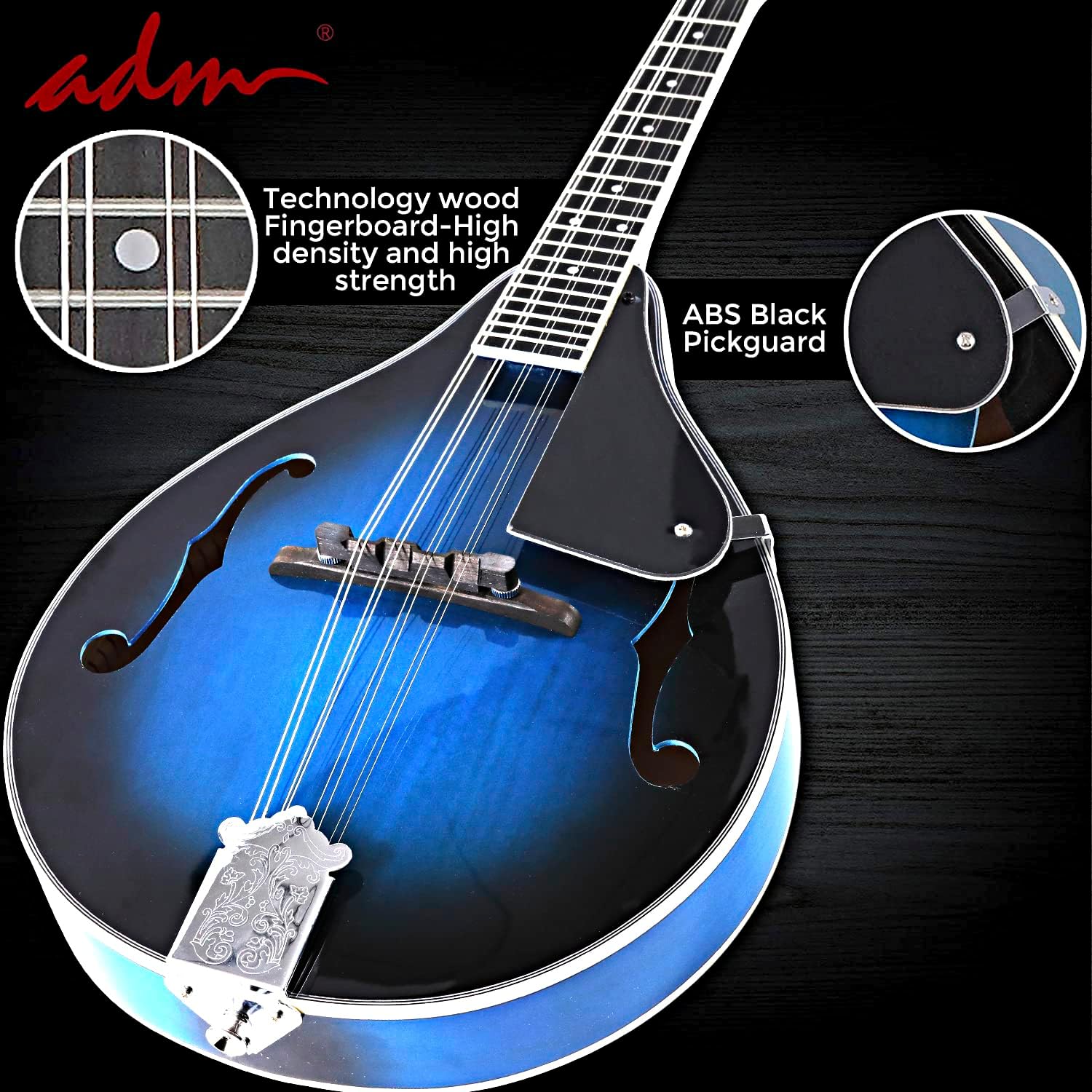 ADM Acoustic Mandolin Instrument Kit Music A Style for Kids Students Adults Wood Mandolins Beginner Set With Bag, Tuner, Pick-up, Strap, Strings, Picks and Hanger, Blue