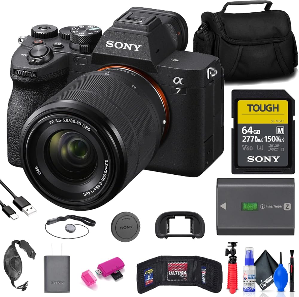 Sony a7 IV Mirrorless Camera with 28-70mm Lens (ILCE-7M4K/B) + 64GB Memory Card + Bag + Card Reader + Flex Tripod + Hand Strap + Memory Wallet + Cap Keeper + Cleaning Kit (Renewed)