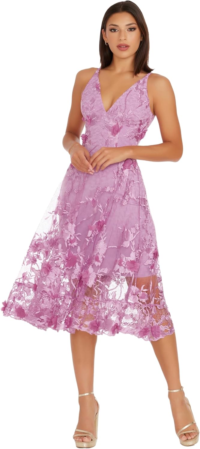 Dress the Population Women's Audrey Spaghetti Strap Midi A-line 3D Floral Dress, Lavender, M
