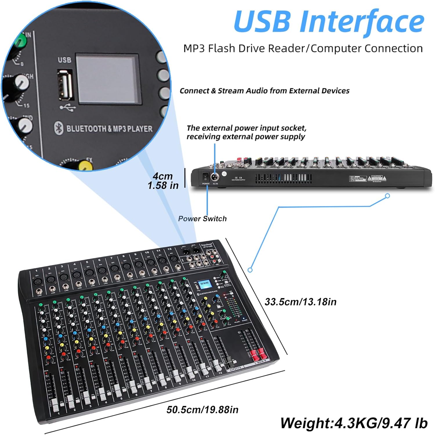 Depusheng DT12 Studio Audio Mixer 12-Channel DJ Sound Controller Interface w/USB Drive for Computer Recording Input, XLR Microphone Jack, 48V Power, RCA Input/Output for Professional and Beginners