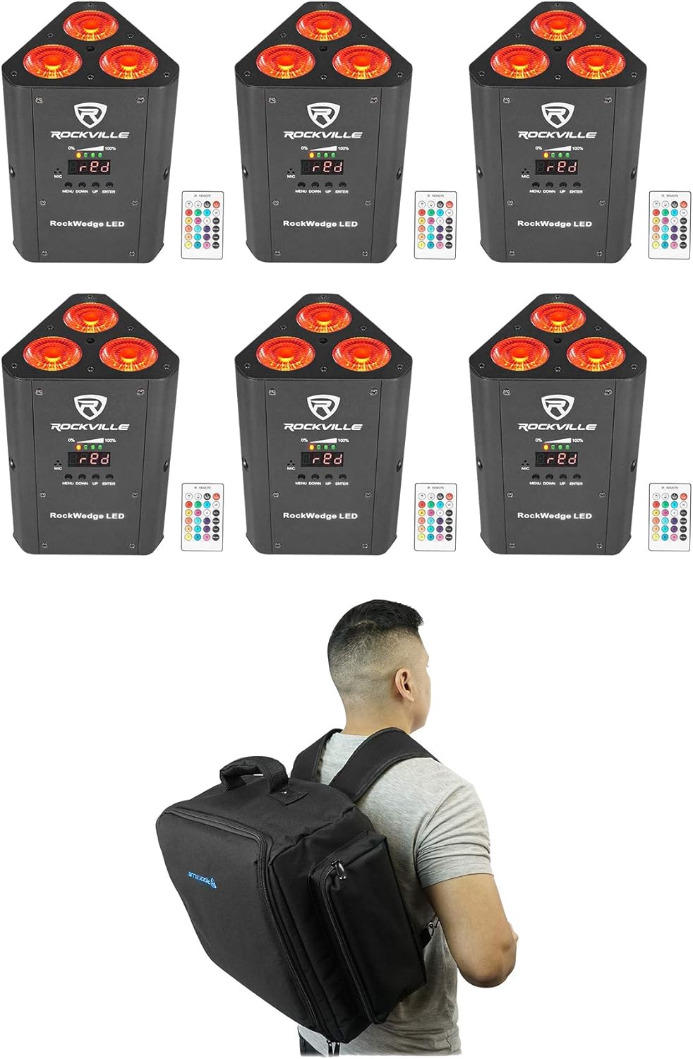 Rockville RockWedge LED Bundle: (6) 54-Watt RGBWA UV Rechargeable Battery Wireless DMX Par Lights, RLBP6 Padded Backpack for Uplights, IRC Remote Included, 7-Items