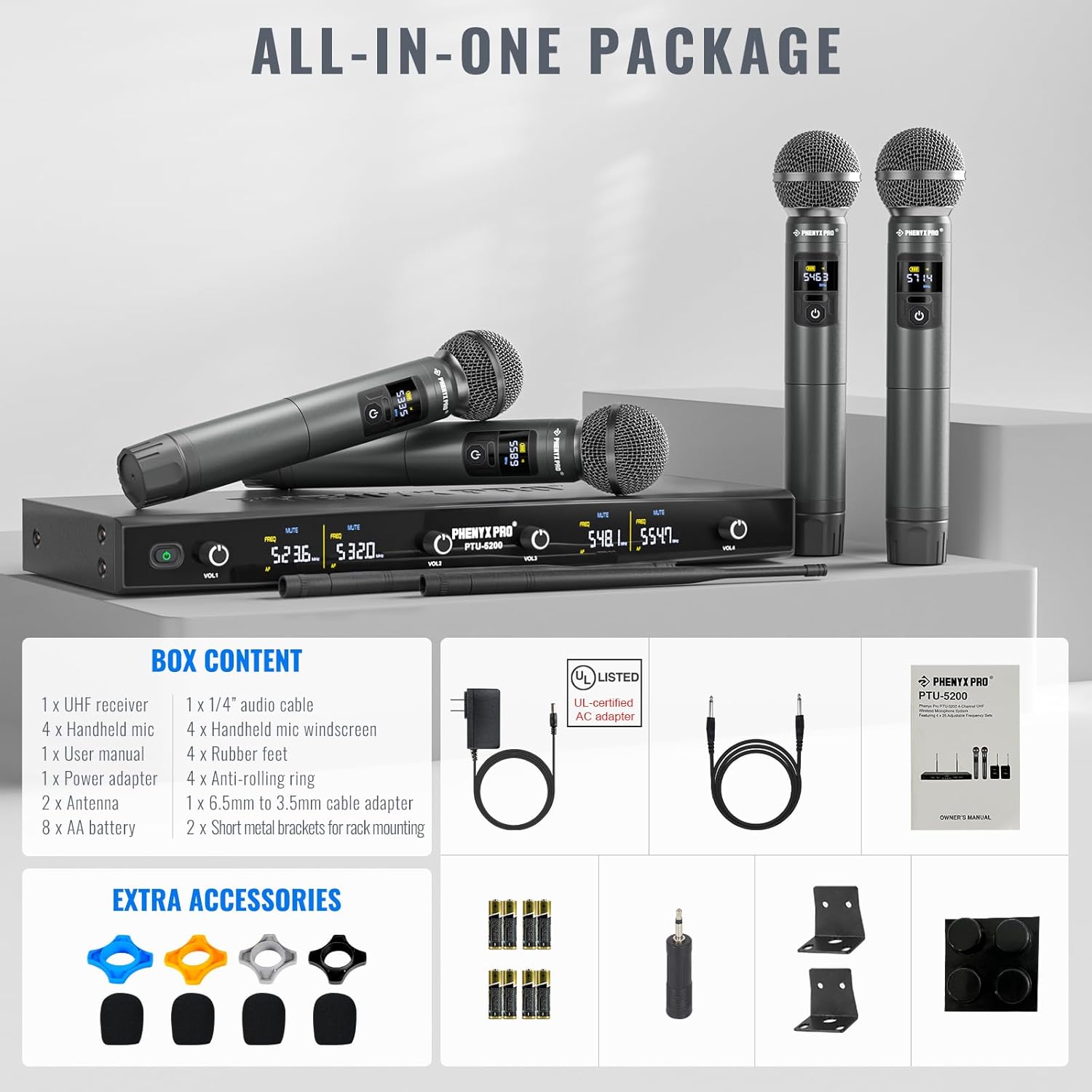 Phenyx Pro Wireless Microphone System, Metal Wireless Mic Set with 4 Cordless Mics, 4x25 UHF Adjustable Frequencies, 200ft Range, Dynamic Microphones for Singing, Karaoke, Church, DJ (PTU-5200-4H)