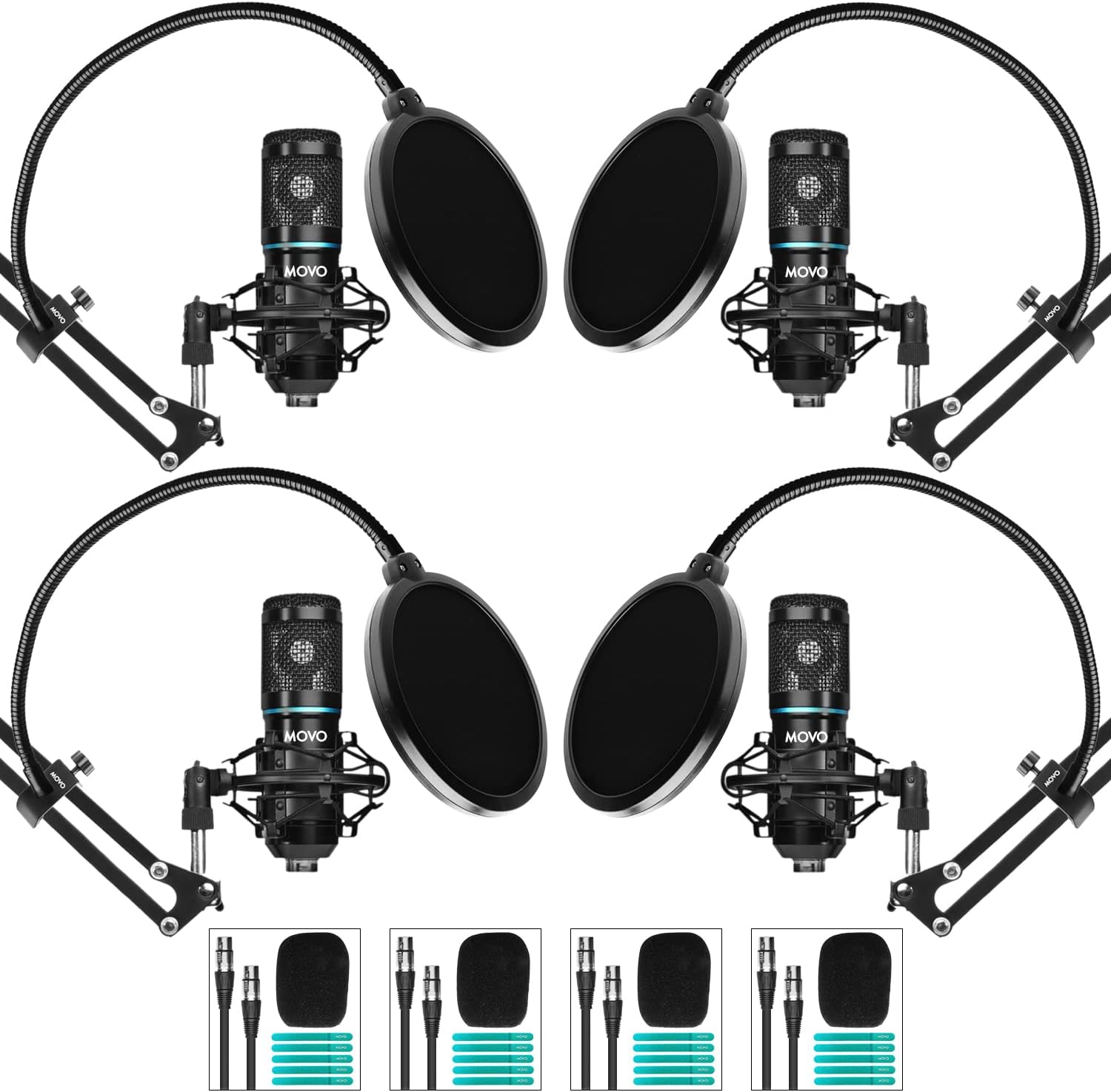Movo PodPak4A 4-Pack Universal XLR Condenser Microphone Podcast Equipment Bundle for 4 - Includes Cardioid Mics, Desk Mount Stands, Shock Mounts, Pop Filters, and Audio Cables - Podcasting, YouTube