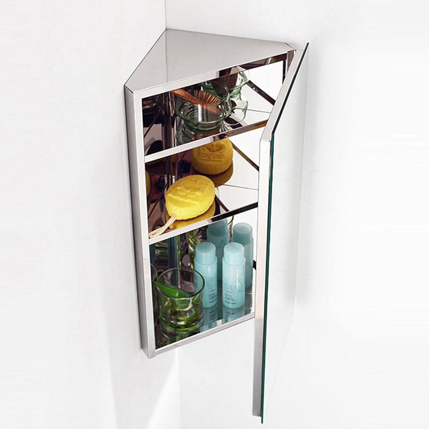 Generic 23.6 Inch Wall Mount Corner Medicine Cabinet with Mirror, Bathroom Wall Cabinet, Polished Stainless Steel, Hanging Triple Shelf Storage Cabinet - Left Open Mirror Door