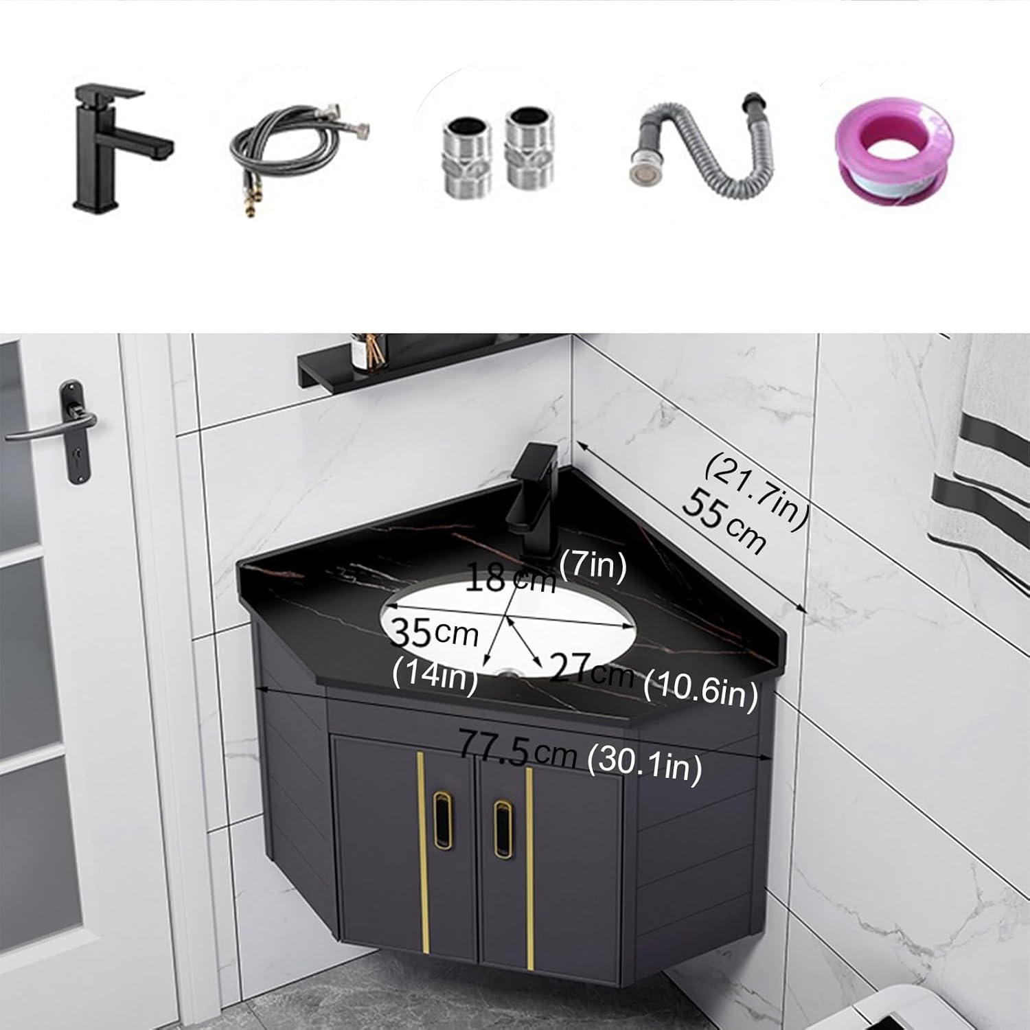 Small Corner Bathroom Cabinet Vanity With Sink Vanity, Corner Sink Bathroom Narrow Depth Vanities, Wall Mount Vessel Sink With Storage Space Hot & Cold Faucet Combo,for Small Space(Black)