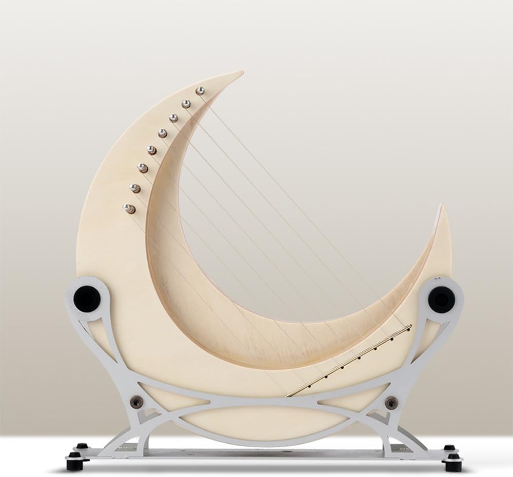 Lyre Harp, Portable Harp Strings Instrument, Wooden Harp, with Tuning Wrench Spare String Anti Slip Pad String Column Cover Wood Chips,Moon Shape (Wood Color & 8 Strings)