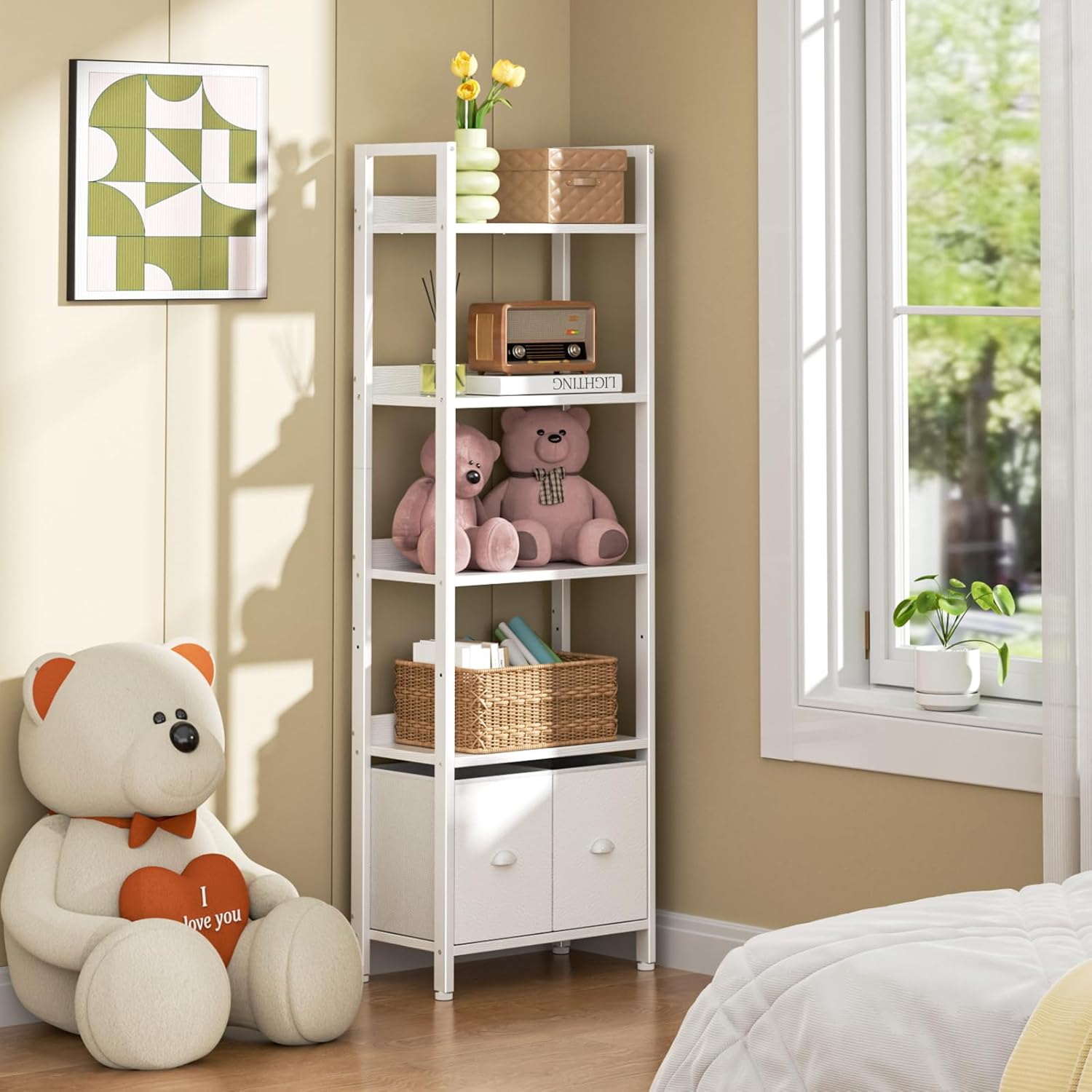 Furologee 5 Tier Bookshelf with Drawers, White Tall Bookcase with Shelves, Wood and Metal Bookshelves Storage Organizer, Modern Display Free Standing Shelf Unit for Bedroom, Living Room, Office