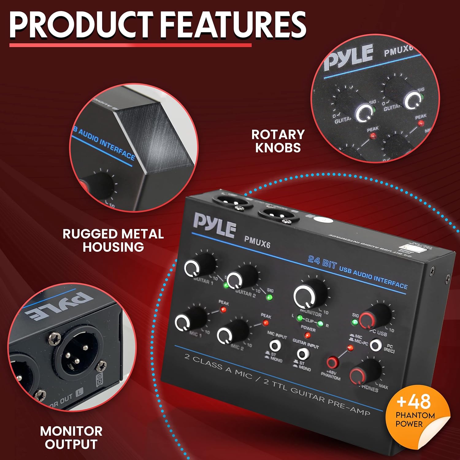 Pyle Professional USB Audio Interface with MIC, Guitar, AUX Stereo Inputs, Phone/Monitor Outputs, Ideal for Computer Playing & Recording, Compact Rugged Metal Housing - PMUX6