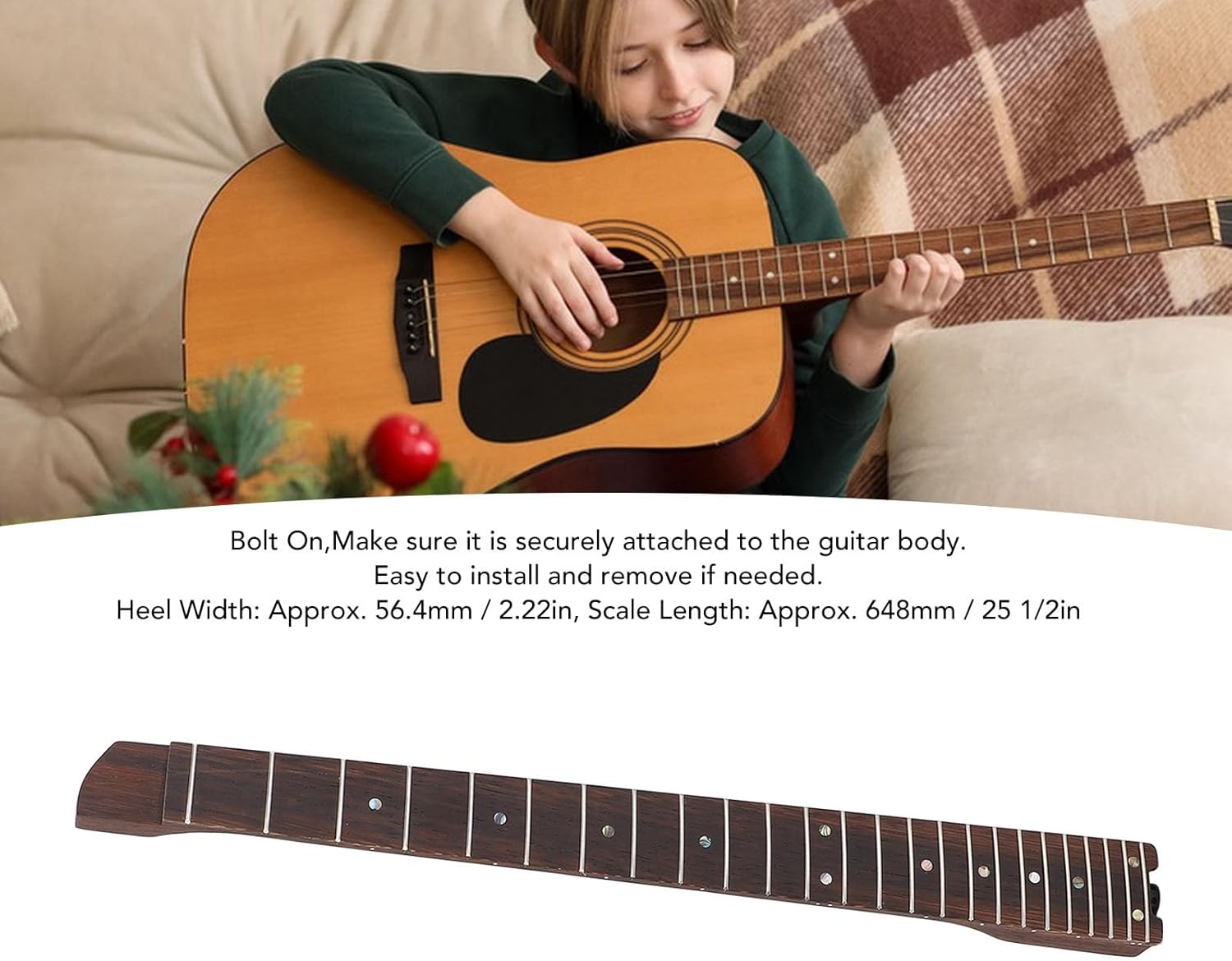 25 Fret Electric Guitar Neck, Maple Wood Fingerboard 14 inch Radius with Bolt On Design for Various Playing Styles, Electric Guitar Neck DIY Replacement with 25 1/2in Scale Length