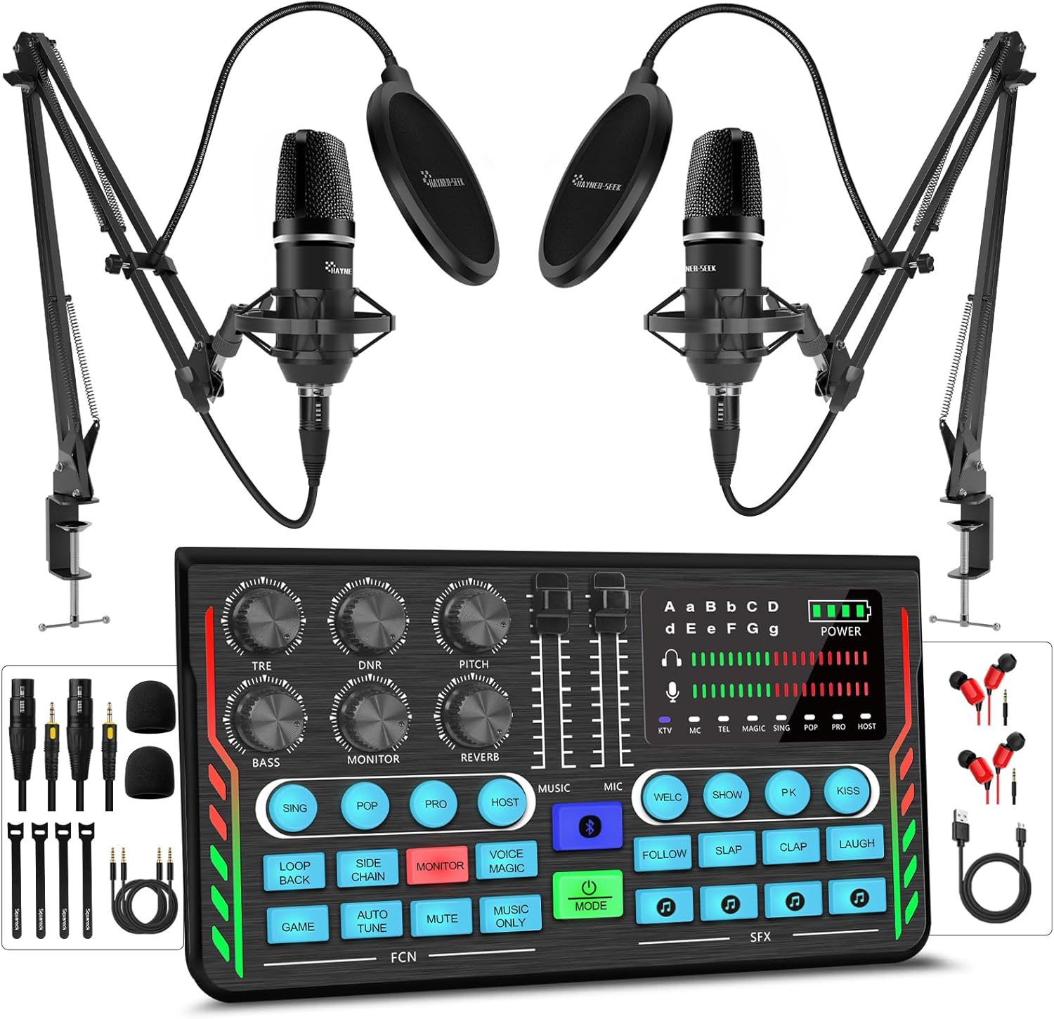 Podcast Equipment Bundle for 2, DJ Mixer with 3.5mm Diaphragm Condenser Microphone for Live Streaming, Podcast Recording,Gaming, Youtube, TikTok, PC, Smartphone