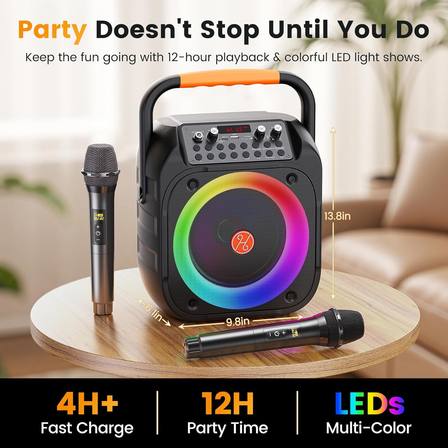 Karaoke Machine for Adults, Portable Bluetooth Karaoke with 2 Wireless Microphones, Echo Adjustment, LED Lights, PA System Karaoke Speaker Support TV/REC/AUX/USB/TF Card (6.5
