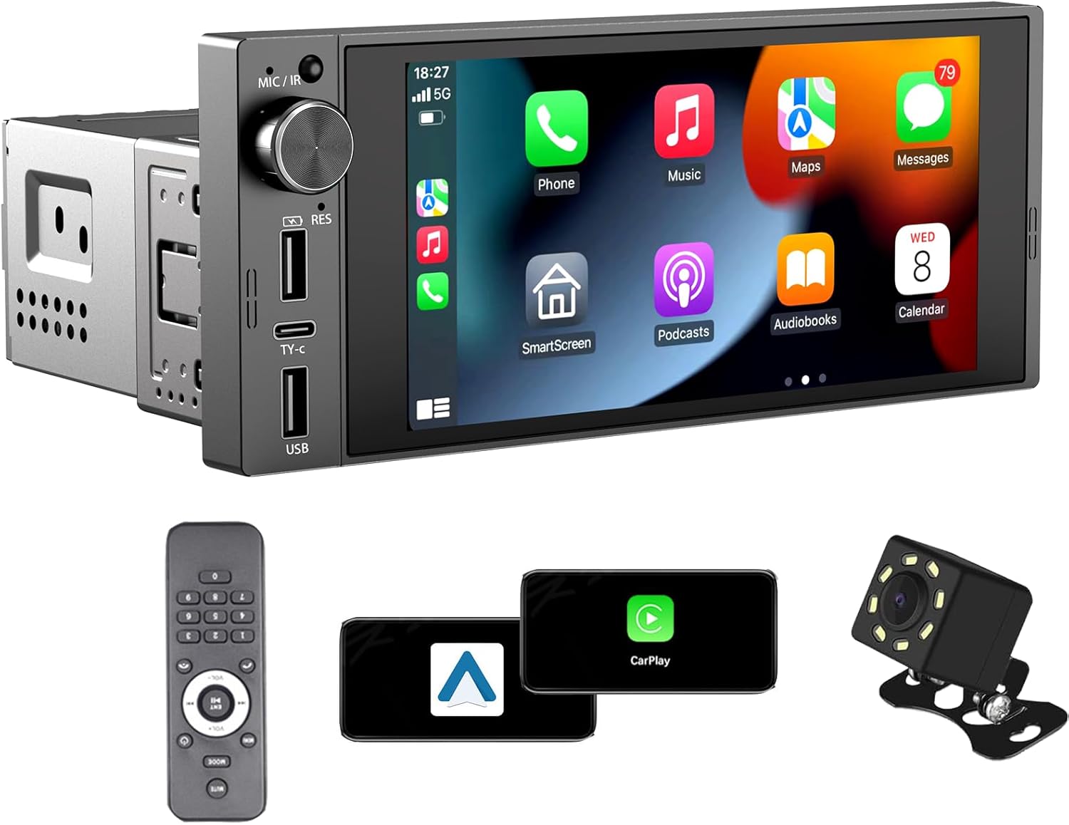 Single Din Car Radio with Apple Carplay Android Auto,6 Inch IPS Touch Screen, Car Stereo with Backup Camera Support Mirror Link Bluetooth Handsfree FM AM USB EQ SWC