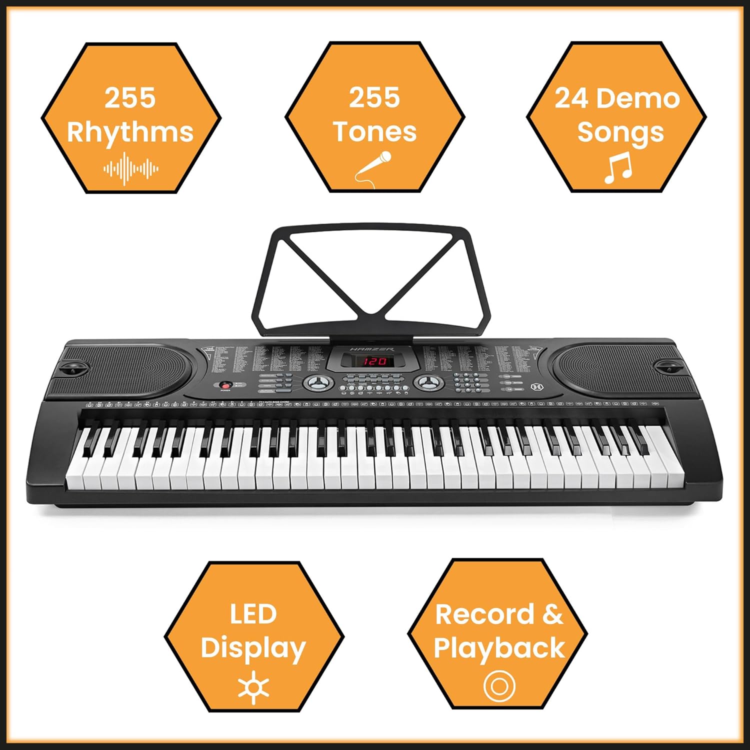 Hamzer 61 Key Beginner Electronic Keyboard Piano with Built-In Speakers, Portable Digital Piano Keyboard Includes Microphone and Keynote Stickers