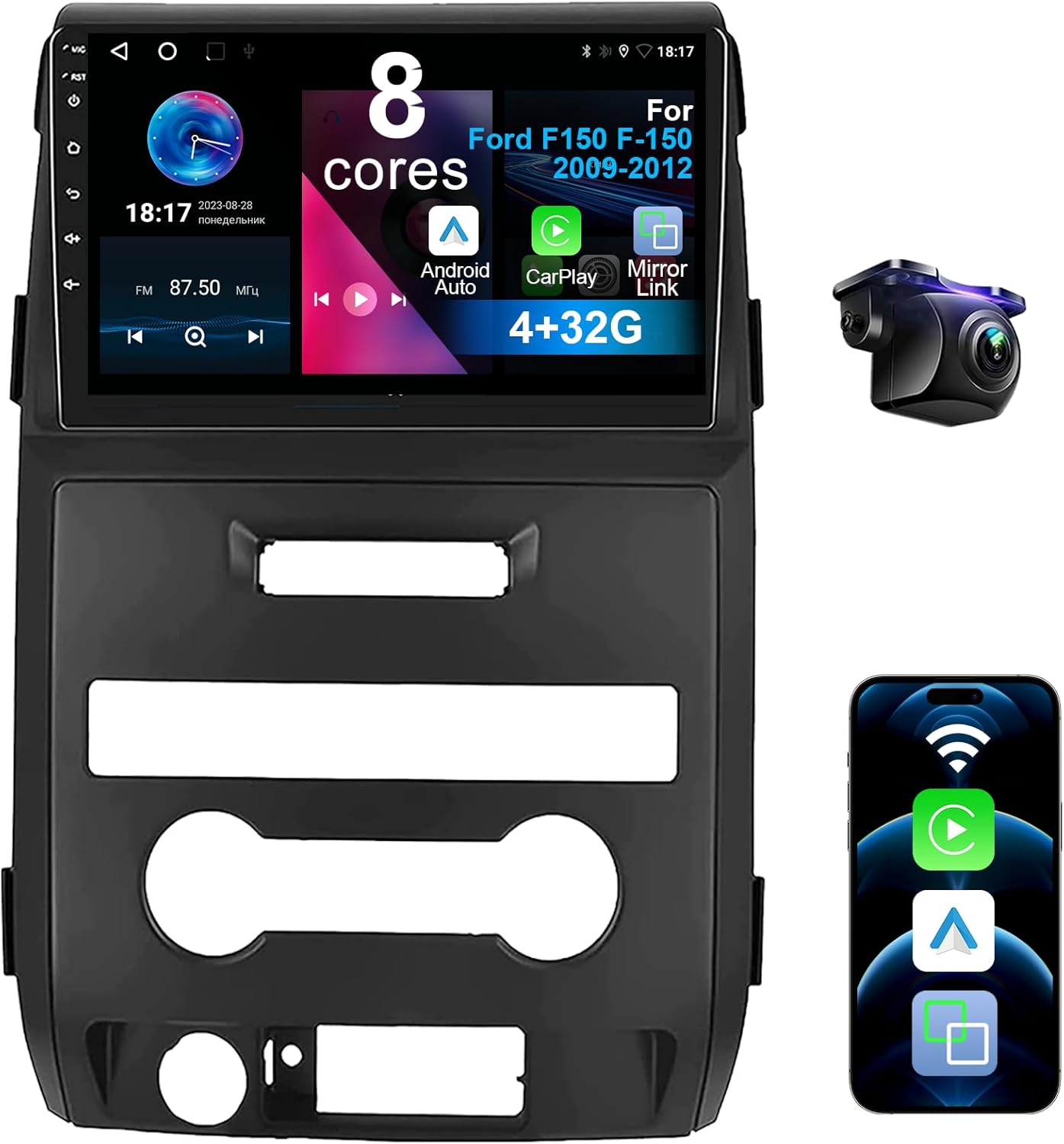 8 Core 4+32G Car Radio for Ford F150 2009-2014 with Wireless CarPlay & Android Auto, 9 Inch Touchscreen F-150 Car Stereo Player with Backup Camera, AM/FM/RDS, AUX, DSP, SWC