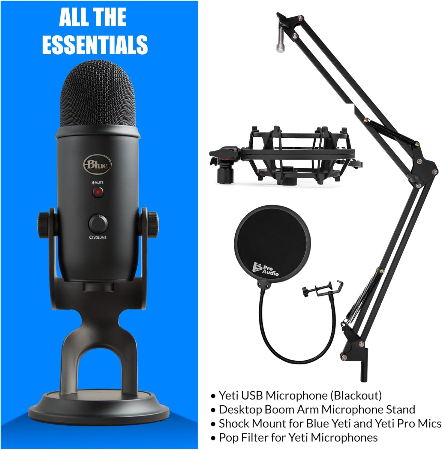 Blue Yeti Microphone (Blackout) Bundle with Boom Arm Stand, Pop Filter and Shock Mount (4 Items)