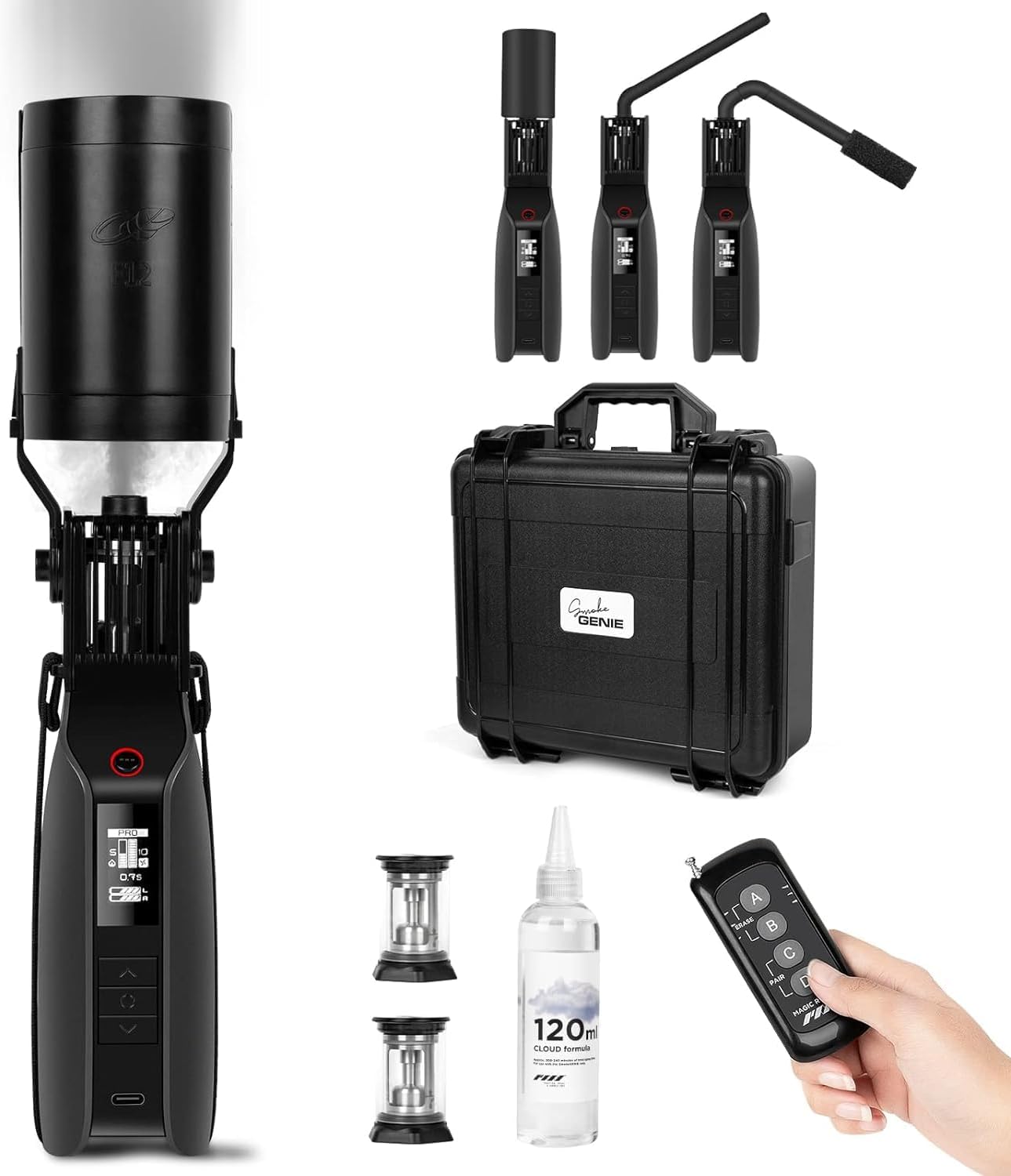 PMI SmokeGENIE Mini Smoke Machine, 500CFM Mist Power, Food Safe Formula, with Remote Control, Haze Fan, Multiple Adapters for Different Smoke Effects