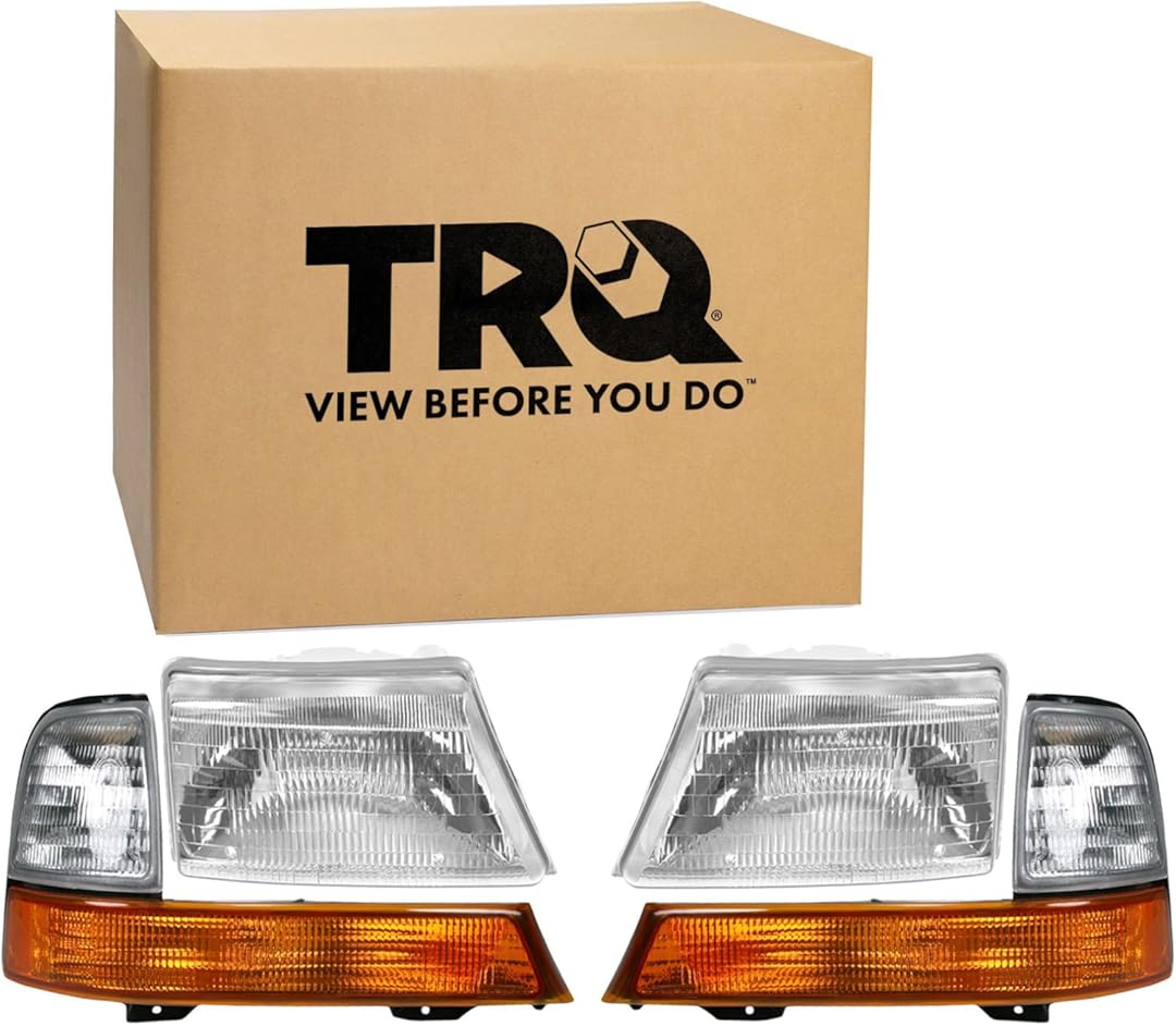 TRQ 4 Piece Driver & Passenger Headlight Front Corner Light Assembly Set Compatible with 1998-2000 Ford Ranger FO2502151 FO2503151 FO2520144 FO2521144