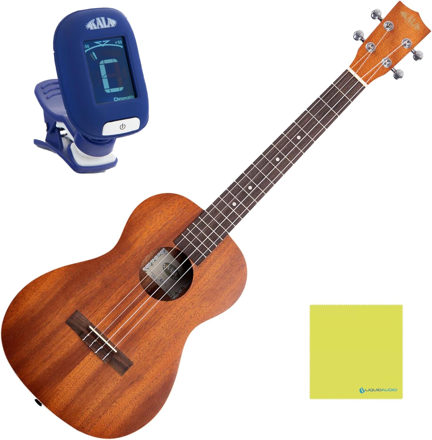 Kala KA-B Mahogany Baritone Ukulele Bundle with KALA Klipz Blue Clip-On Tuner & Polishing Cloth – All-Mahogany Construction, Warm Tone, Chrome Die-Cast Tuners, Ideal for Beginners & Pros
