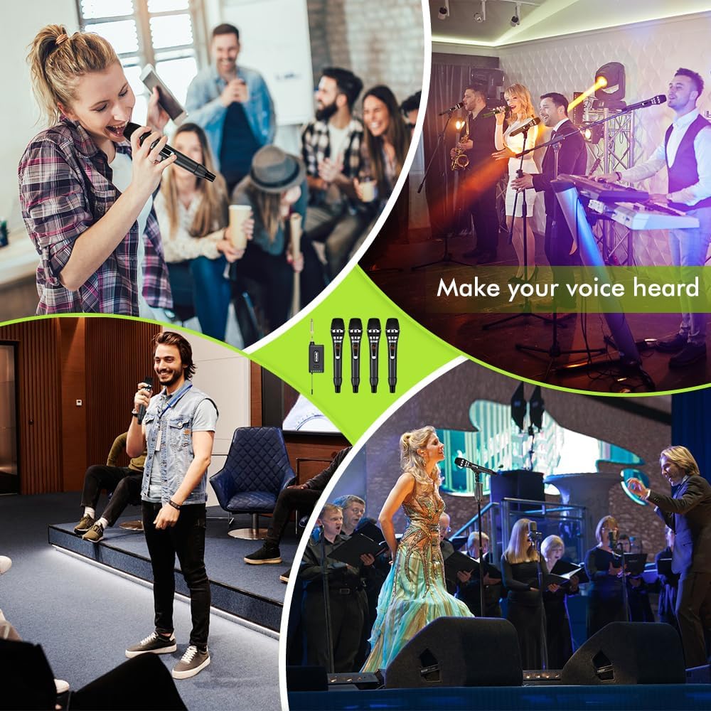 UHF Wireless Microphone System 4-Channel Cordless Mic with 4 Handheld Dynamic Microphones for Church, Speech, Weddings, Karaoke Machine, Q4