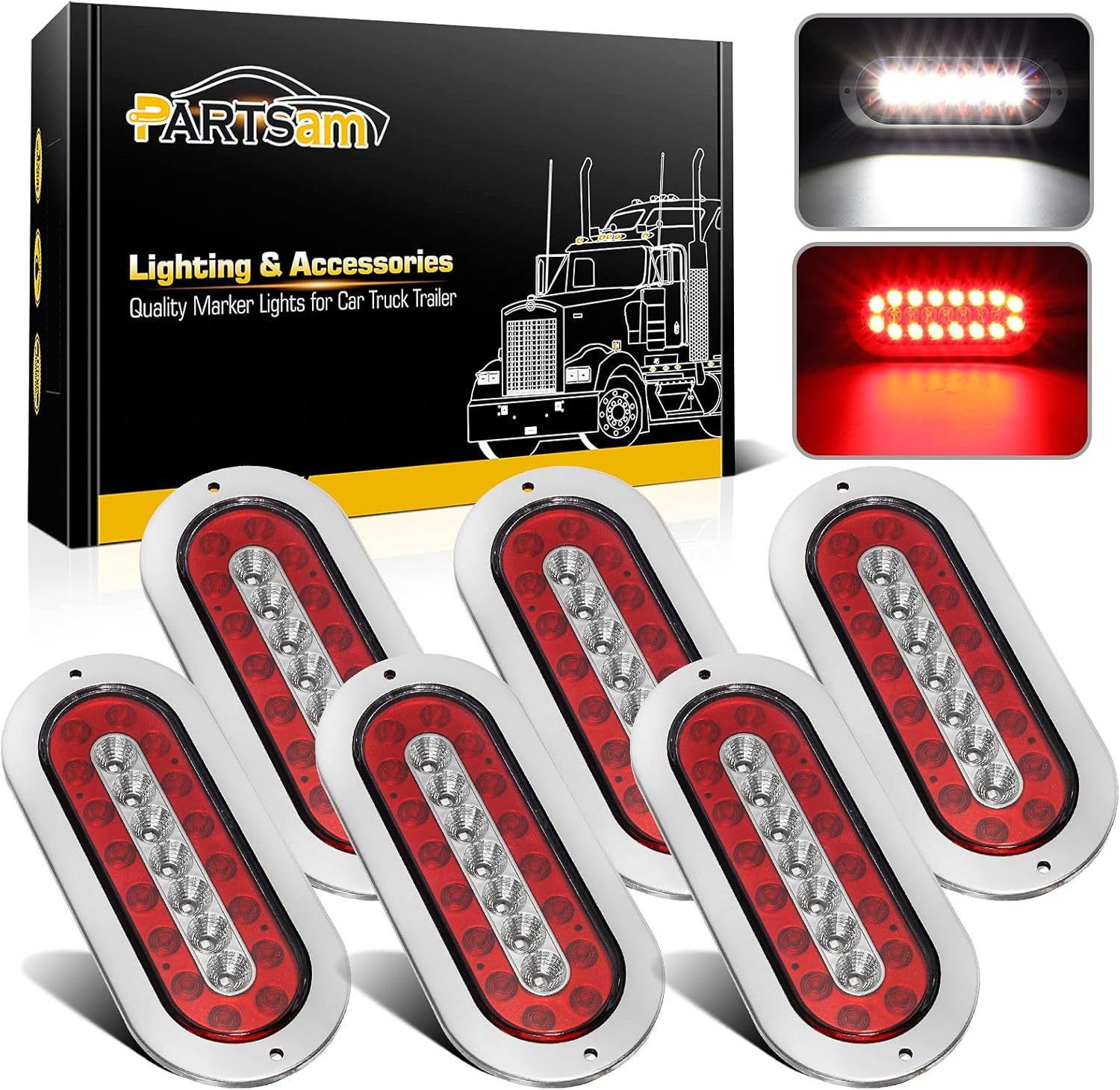 Partsam 6Pcs 6 Inch Oval LED Trailer Tail Lights White/Red Flange Mount 23 LED 12V DC Sealed Waterproof Round Stop Brake Tail Running Reverse Backup Lights Lamps for RV Trailer Trucks