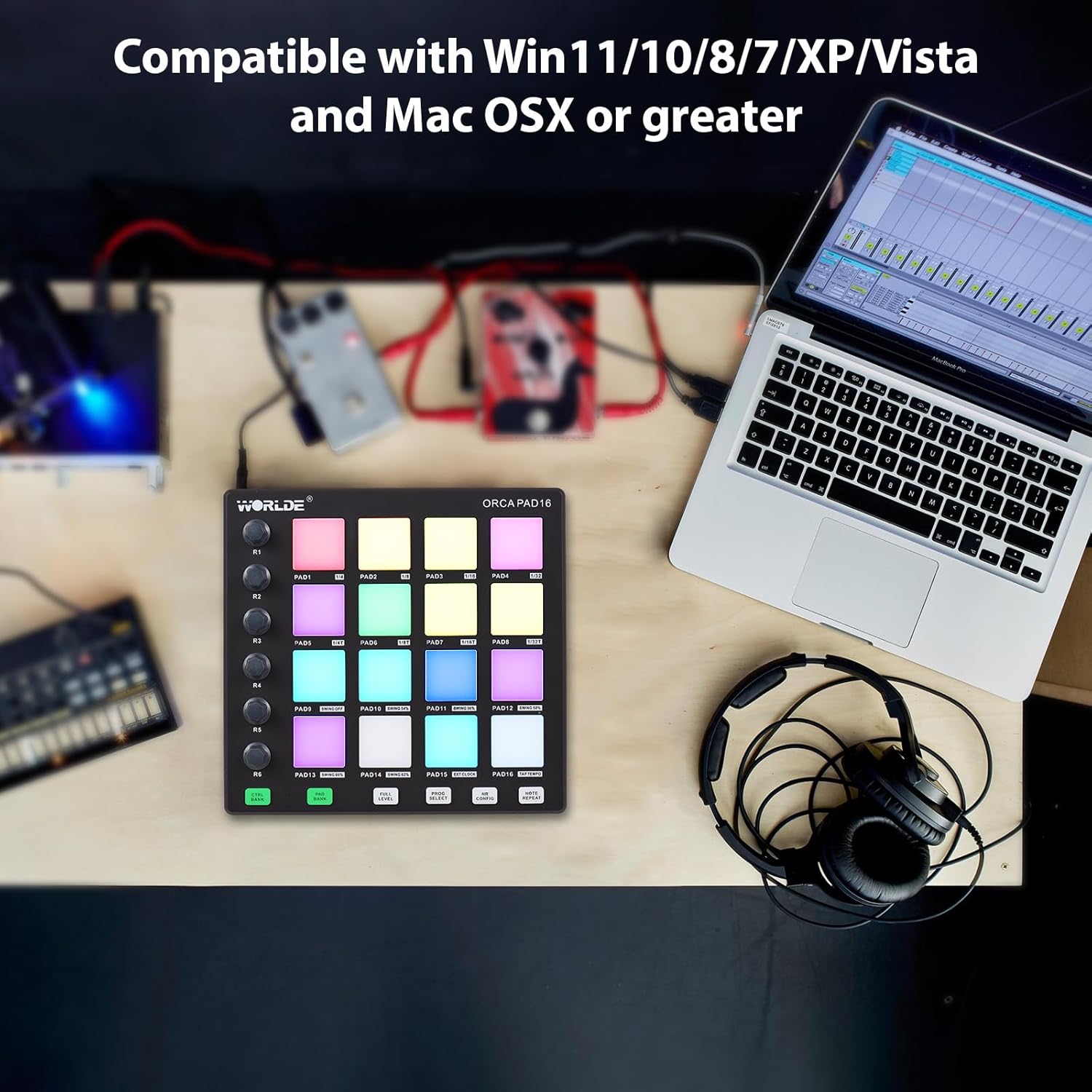 MIDI controller,HUIOP beat maker, MIDI Controller Beat Maker Machine 6 Assignable Knobs Note Repeat Full Level Buttons and Production Software Portable Mini MIDI Controller Pad USB for Beginner Music