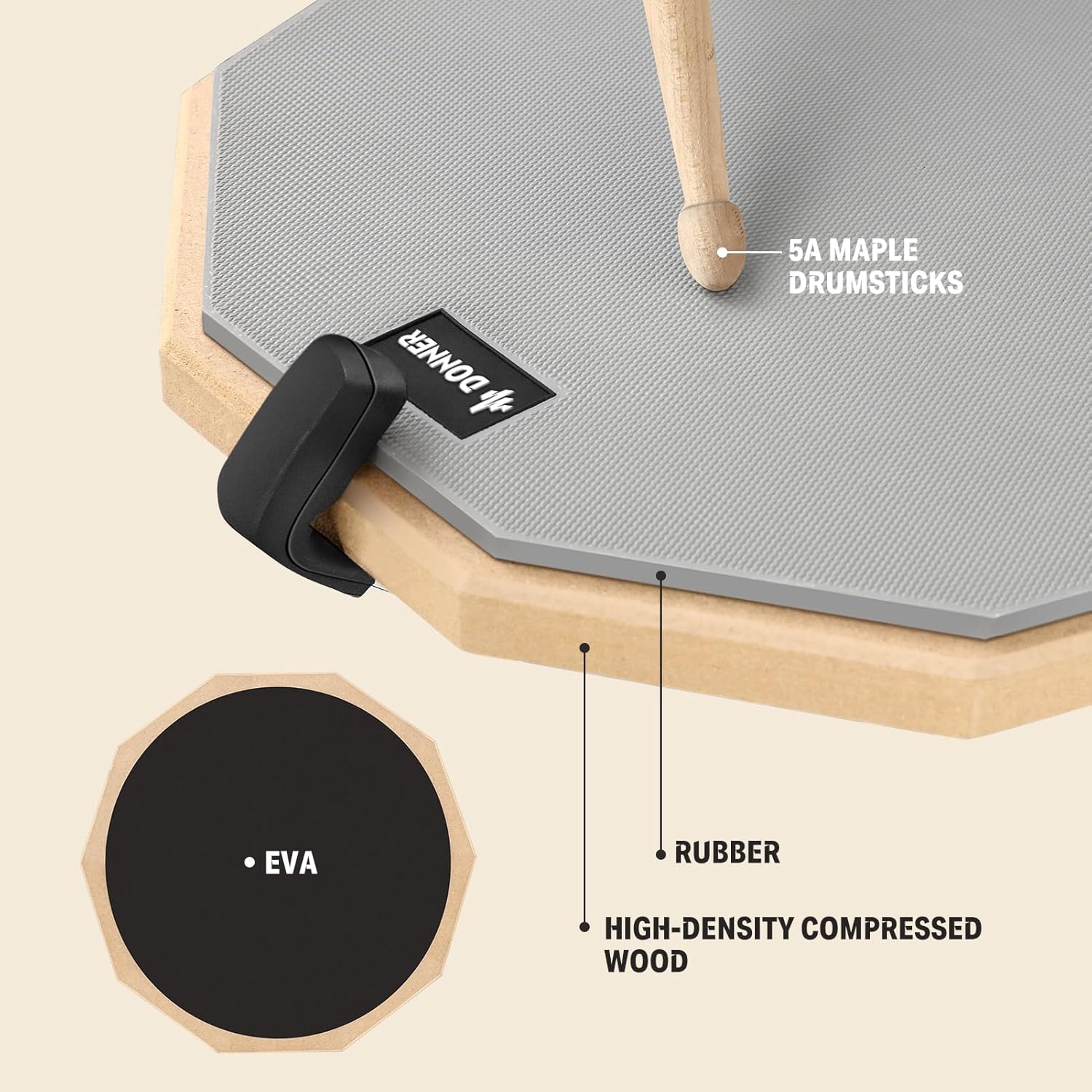 Donner Snare Drum Stand Set with Drum Practice Pad, 12'' Double-sided Silent Drum Pad set, Drumsticks, Backpack Adjustable Stand Fits 10''-14'' Dia Drums