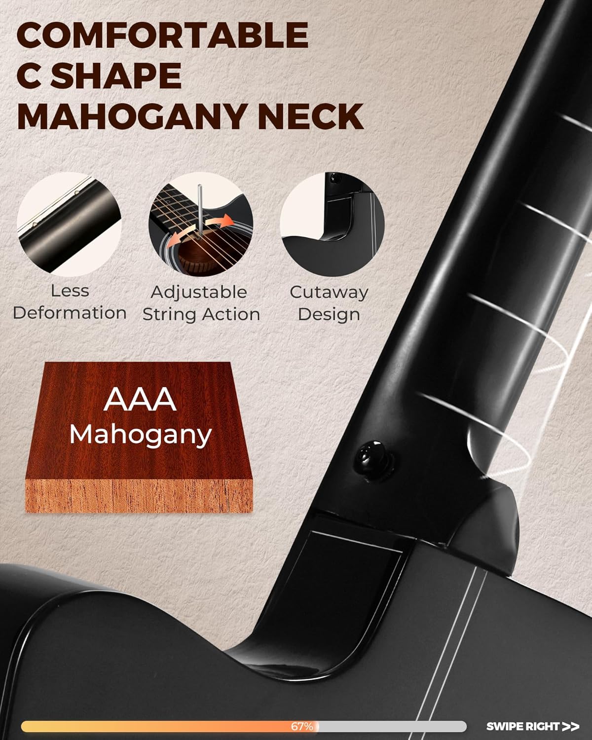 Acoustic Guitar Kit, 41 Inch Full Size 6 String Cutaway Guitarra Acústica for Beginner Adults with Tuner, Gig Bag, Strap, Steel Strings, Capo, Pickguard, Picks, FD60C, Black