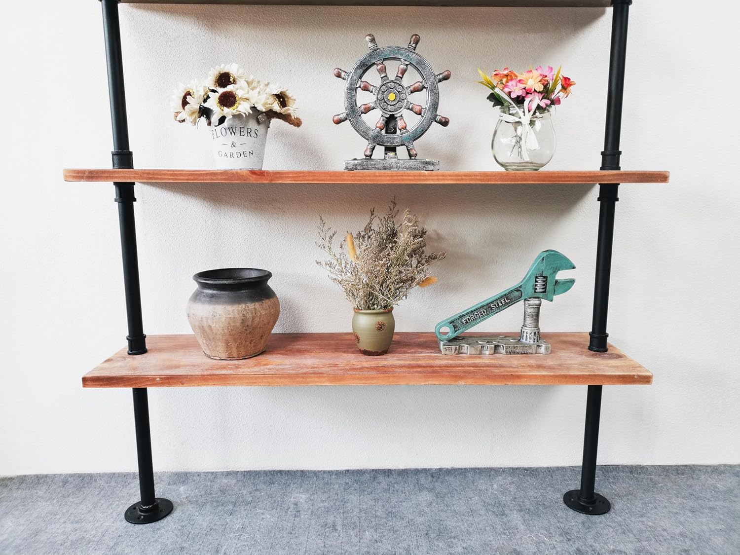 5 Tier Industrial Ladder Shelf Bookcase, Wall Mounted Wood Metal Pipe Rustic Bookshelf for Living Room (Weathered Brown, 10