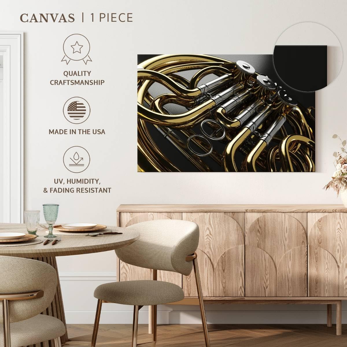 ElephantStock - Shiny French Horn Wall Art - Horizontal Canvas Wall Art - Living Room Wall Decor - Photography Music Canvas Art - Gray And Beige Decor - 51