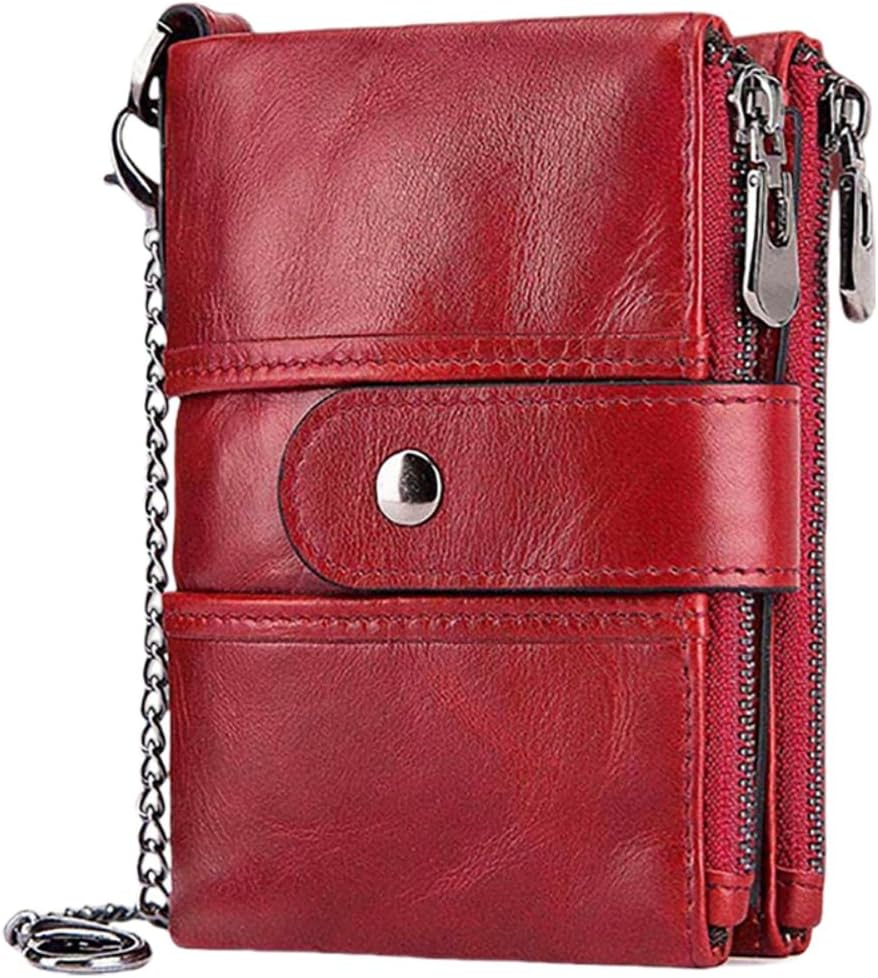 Genuine Leather Wallet for Men RFID Blocking Bifold Design with Anti Theft Chain Double Zipper Coin Pocket and Large Capacity Organizer (Red)