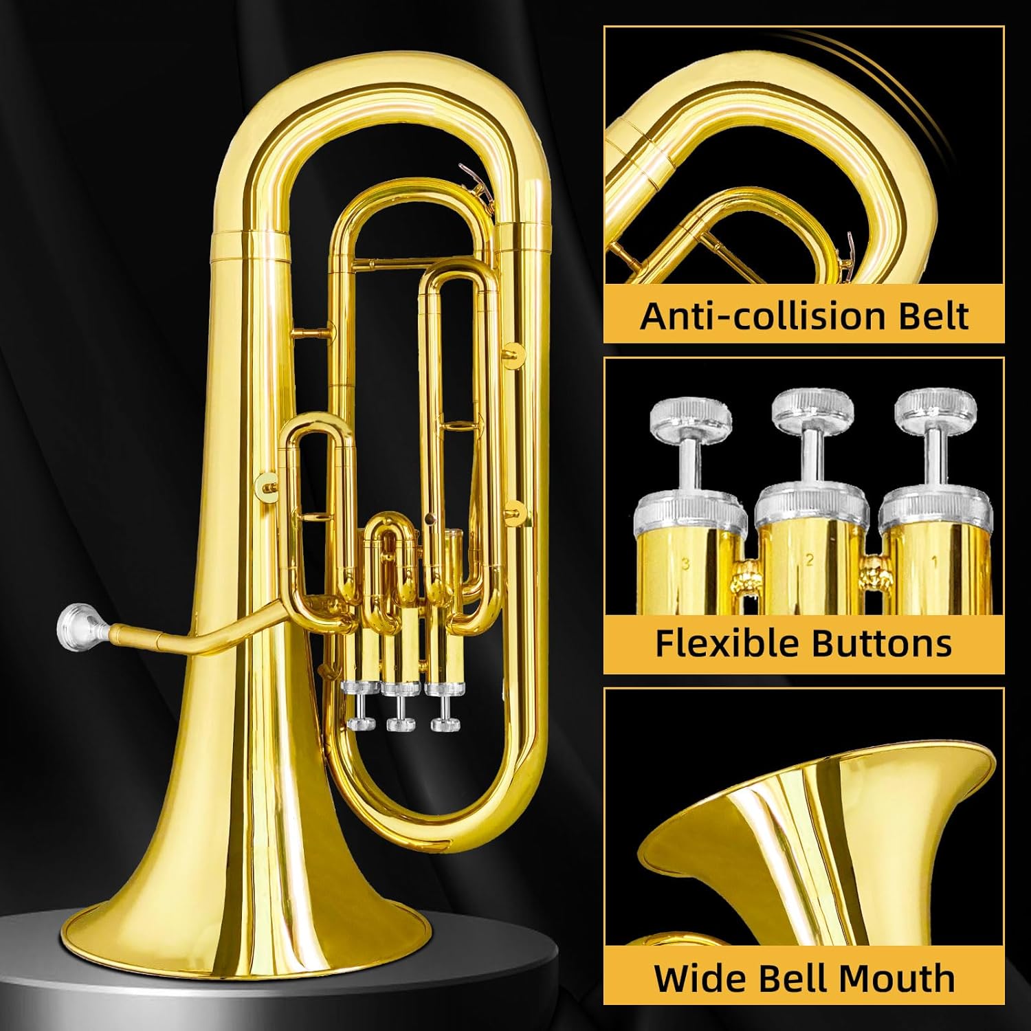 Bb Euphonium Brass Instrument for Beginners & Professionals | Includes Hard Case, Mouthpiece, Cleaning Cloth, and Gloves | Ideal for Brass Band Performance