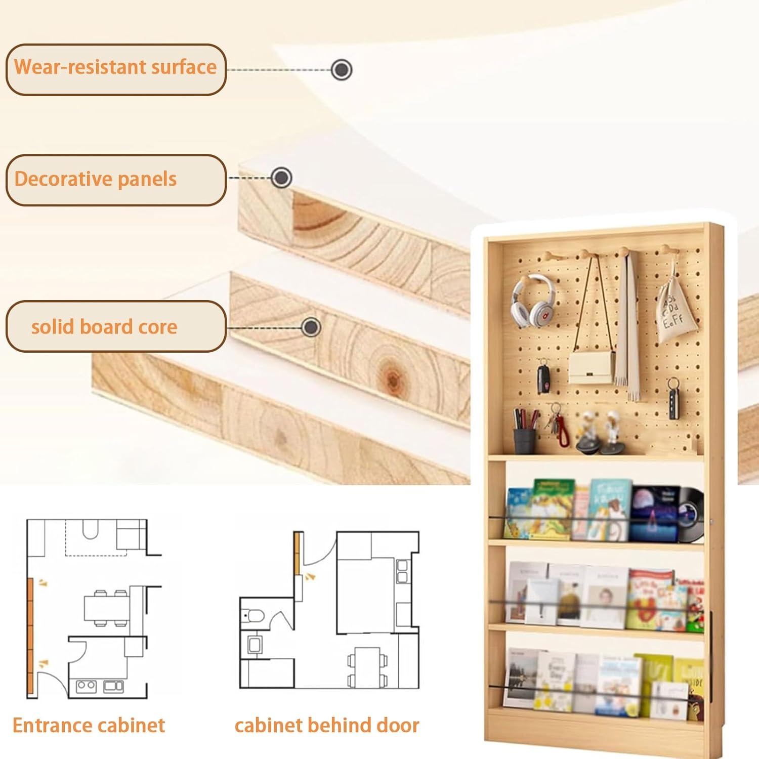 3.94in Behind Door Bookshelf Compact area 16 20 35 40 47in L Floor Bookcases Display Wall Mount Shelf Perforated Board Large Capacity Book Shelf for Books Magazine Racks CDs Small Items(Natural,31.5x3