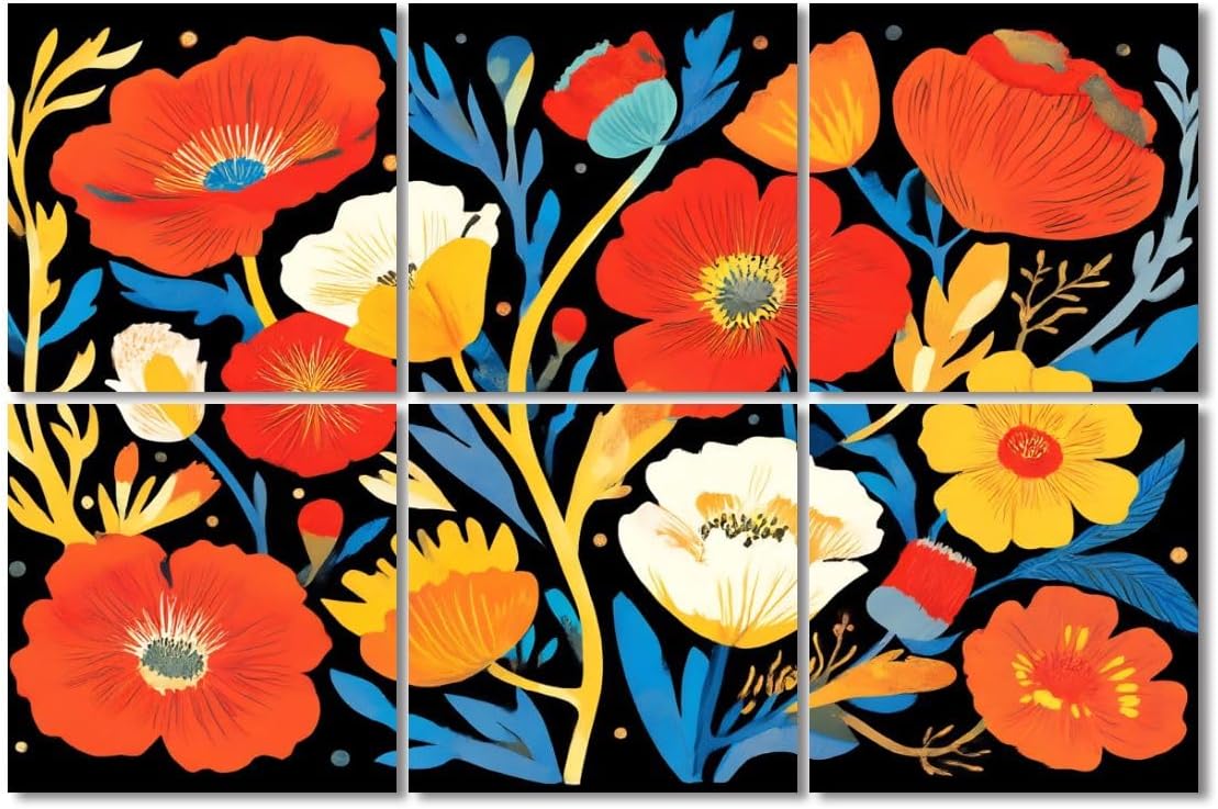 6 Pack Art Acoustic Panels Sound Absorbing Boho Floral Abstract Flower Mid Century Modern Botanical Colorful Decorative Soundproof Wall Panels Self Adhesive for Recording Studios Office 72