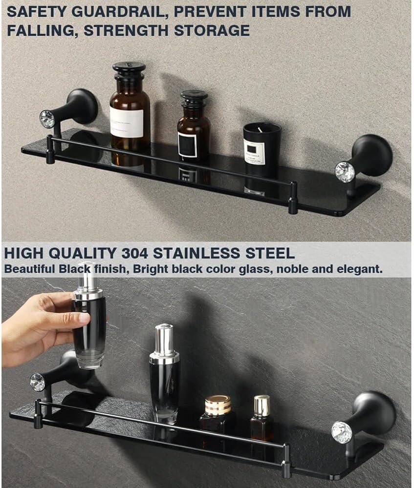 Shower Caddy 50cm Bathroom Glass Shelf, Bath Shower Shelf Holder, Single Layer Glass Storage Rack, Wall Mount with Crystal Head Bathroom Shelves Bathroom Organizer (Color : Matte Black)