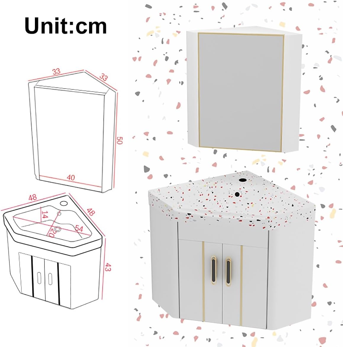 Corner Small Sink Vanity, Corner Wall Mount Bathroom Sink, Corner Bathroom Vanity Sink Combo, with Corner Mirror Cabinet Above Counter Mini Wall Vanity Vessel Sinks(White,19in/48in)