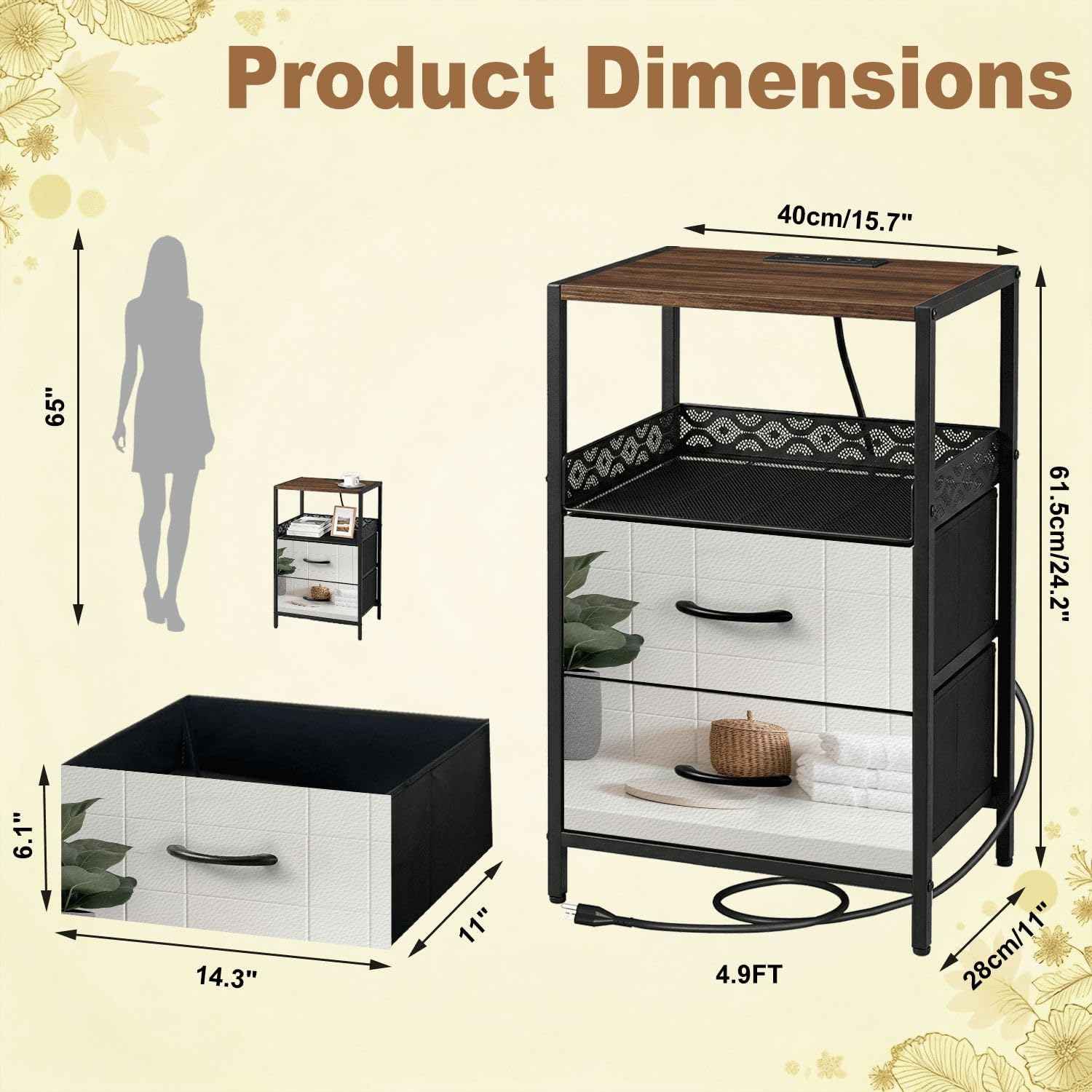 Night Stand with Charging Station Bedside Table with 2 Fabric Drawers Marble White Round for Bathing Products Bathroom spa Shampoo Bedroom Nightstand with USB Ports & Outlets Open Shelf Black