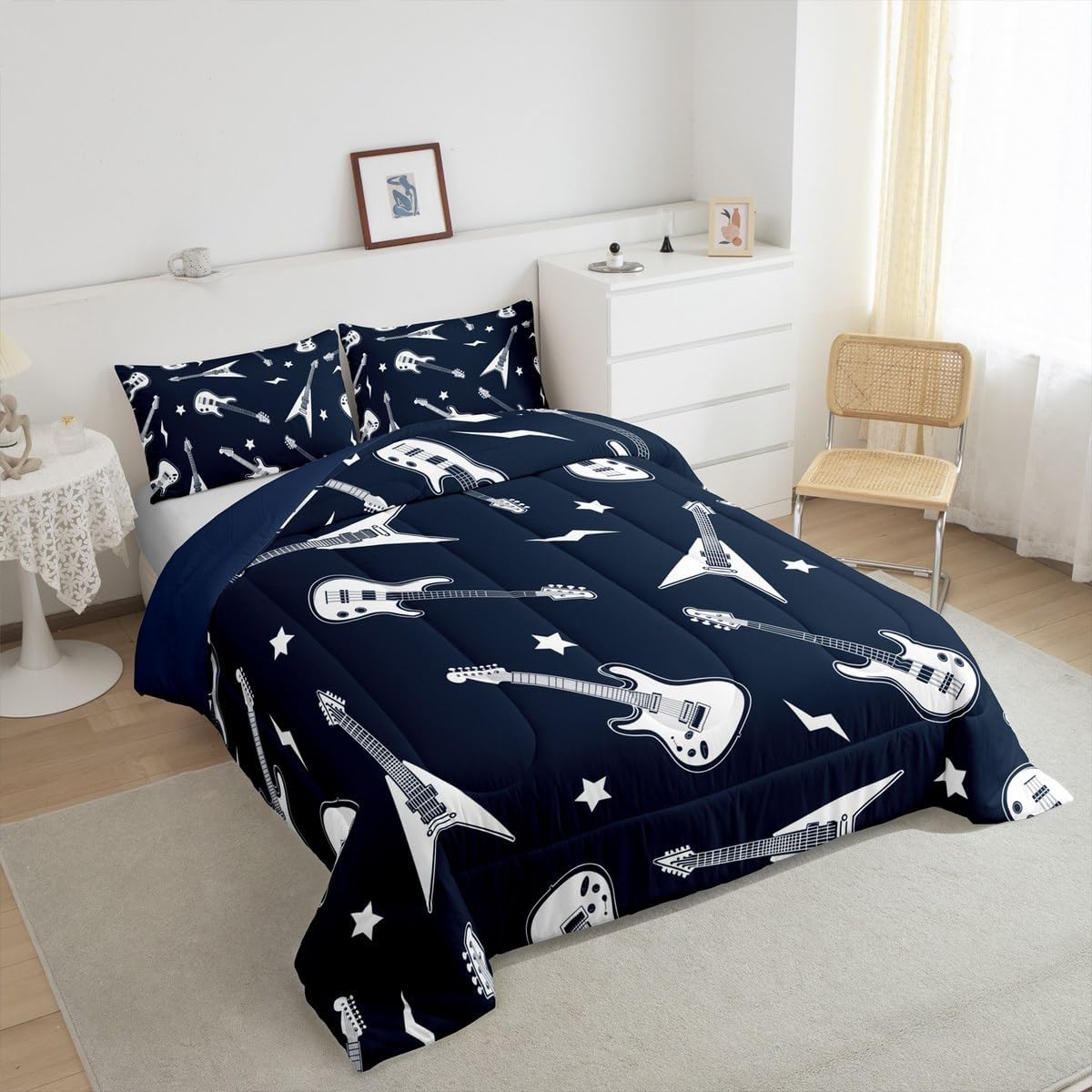 Manfei Guitar Bass Comforter Set for Kids Music Theme Guitars Bedding Set Funny Musical Instrument Bedding Home Decor Navy Blue Comforter King Size 3 Pieces Quilted Duvet with 2 Pillowcase