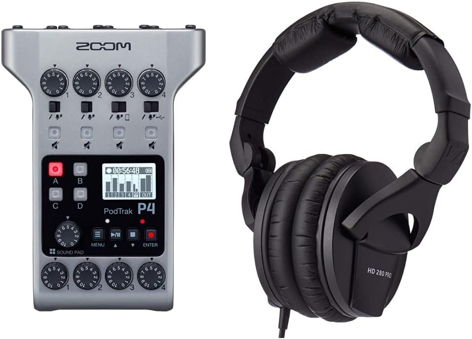 Zoom PodTrak P4 Podcast Recorder, 4 Headphone Outputs, Phone and USB Input, 2-In/2-Out Audio Interface & Sennheiser Professional HD 280 PRO Over-Ear Monitoring Headphones