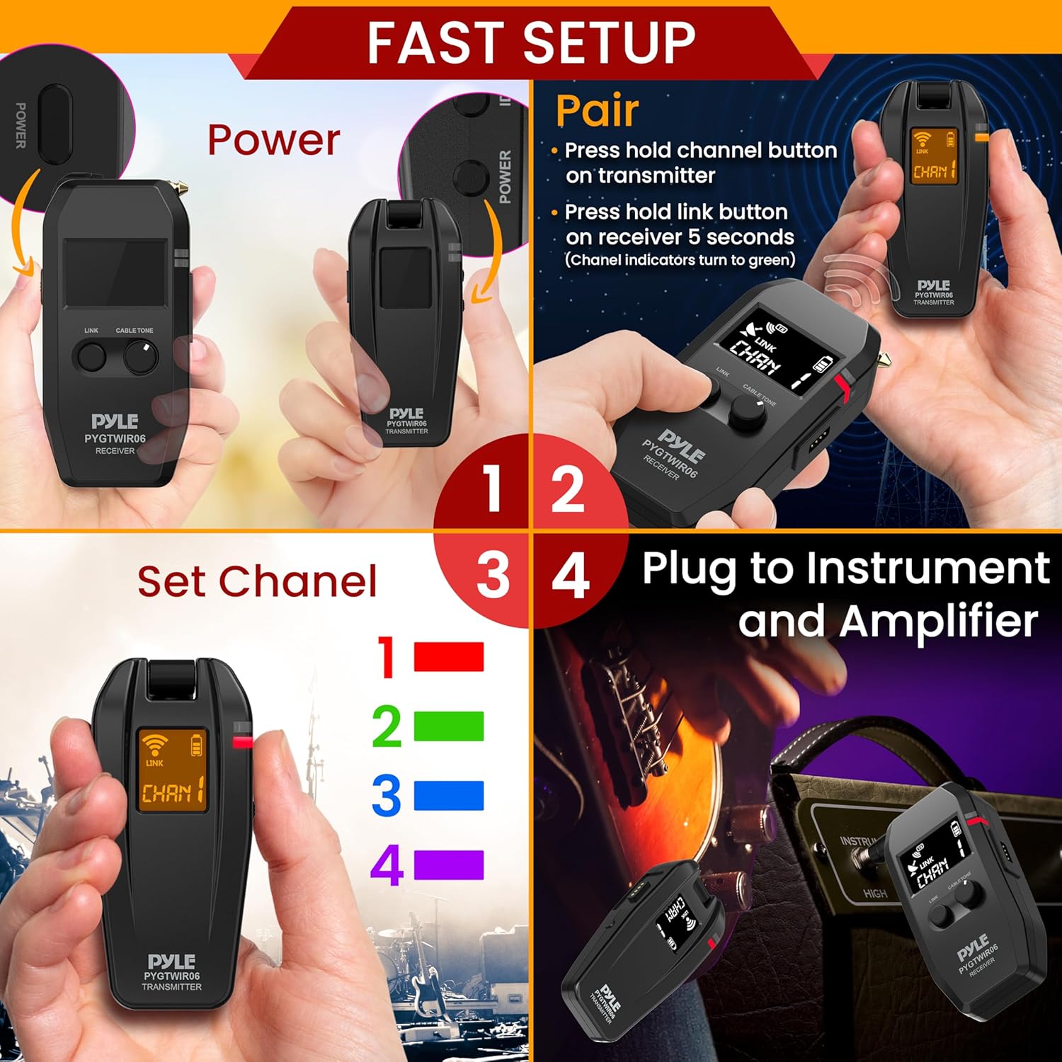 Pyle Wireless Guitar System, 5.8GHz Wireless Guitar Transmitter Receiver for Guitars Bass Violin with Ultra-Low Latency Response Lossless Transmission, Zero Background Noise, Up to 4 Channels