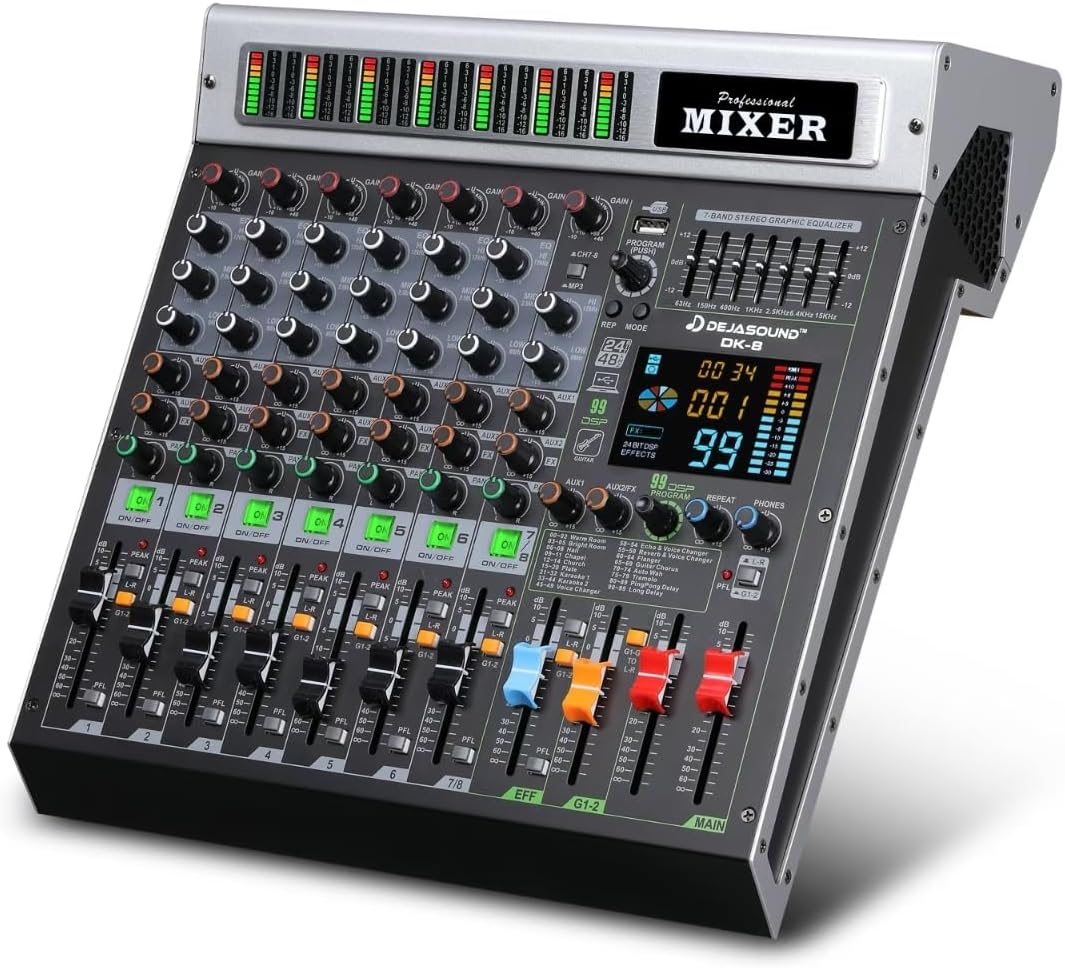 8-Channel Professional Audio Mixer, DK-8 Mixing Console with XLR Inputs, Bluetooth, 99 DSP Effects, MP3, USB Interface for Podcast, Music, Recording, PC 14.76