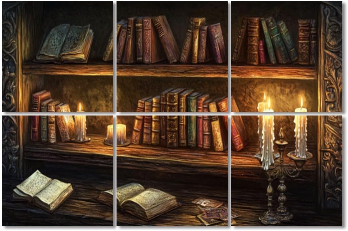 6 Pack Art Acoustic Panels Sound Absorbing Retro Bookcase Bookshelf Books Candles Wooden Shelf Ornate Open Warm Decorative Soundproof Wall Panels Self Adhesive for Recording Studios Office 72