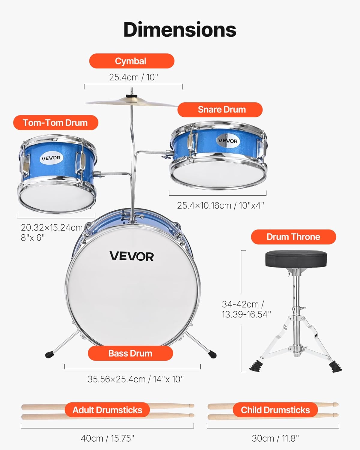 VEVOR Kids Drum Set, 3-Piece 14 in Junior Drum Sets, Beginner Drums Set with Adjustable Throne, Cymbal & 4pcs Drumsticks, Musical Learning Drums Instruments Kit, for Children Ages 6-13, Sky Blue