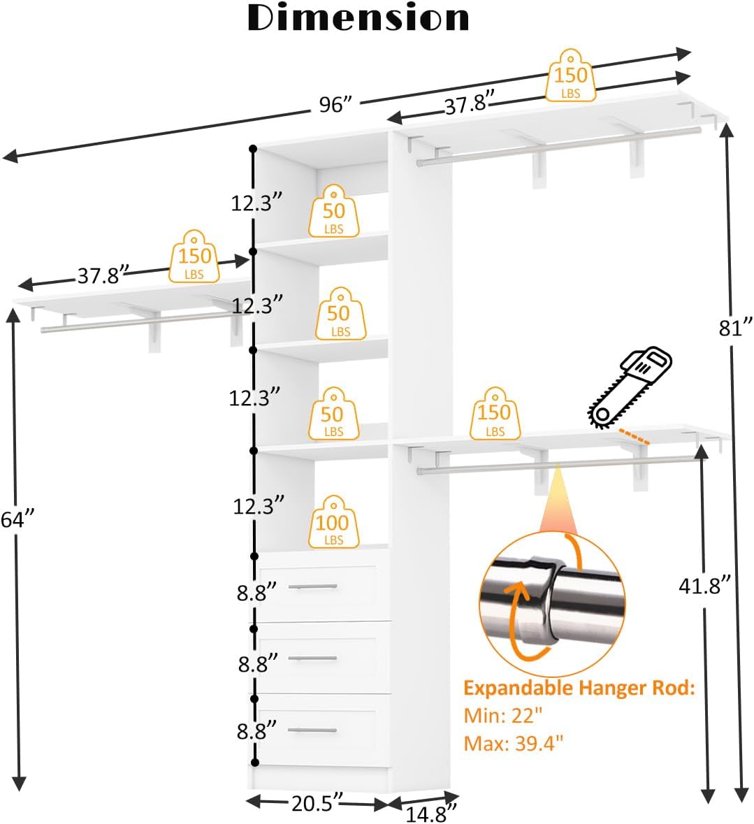 Dilando Closet Organizer System with Drawers, 8FT Closet Shelving System 96